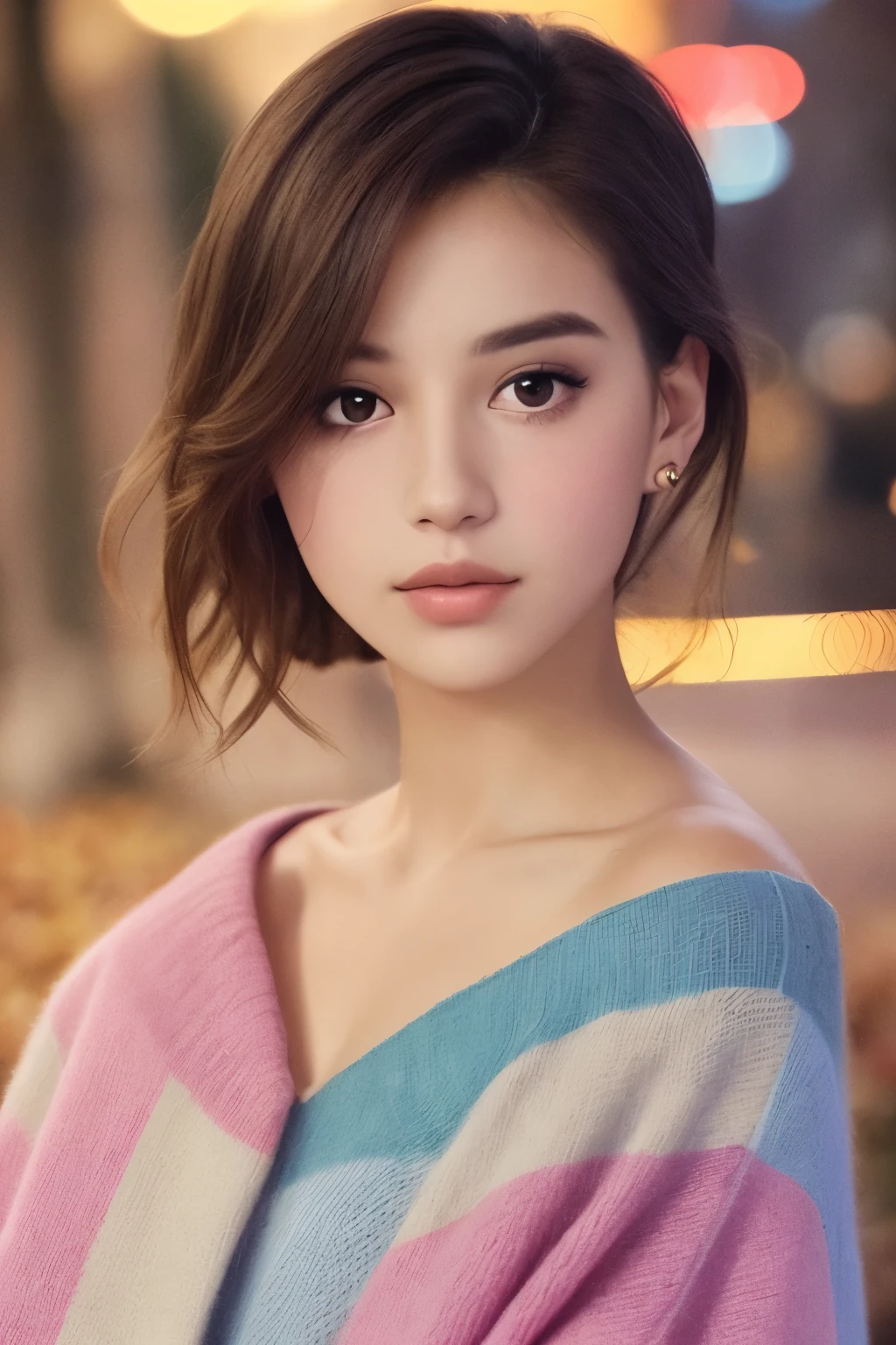 a beautiful woman looking into camera, shoulder, half body portrait, pastel colors, autumn lights