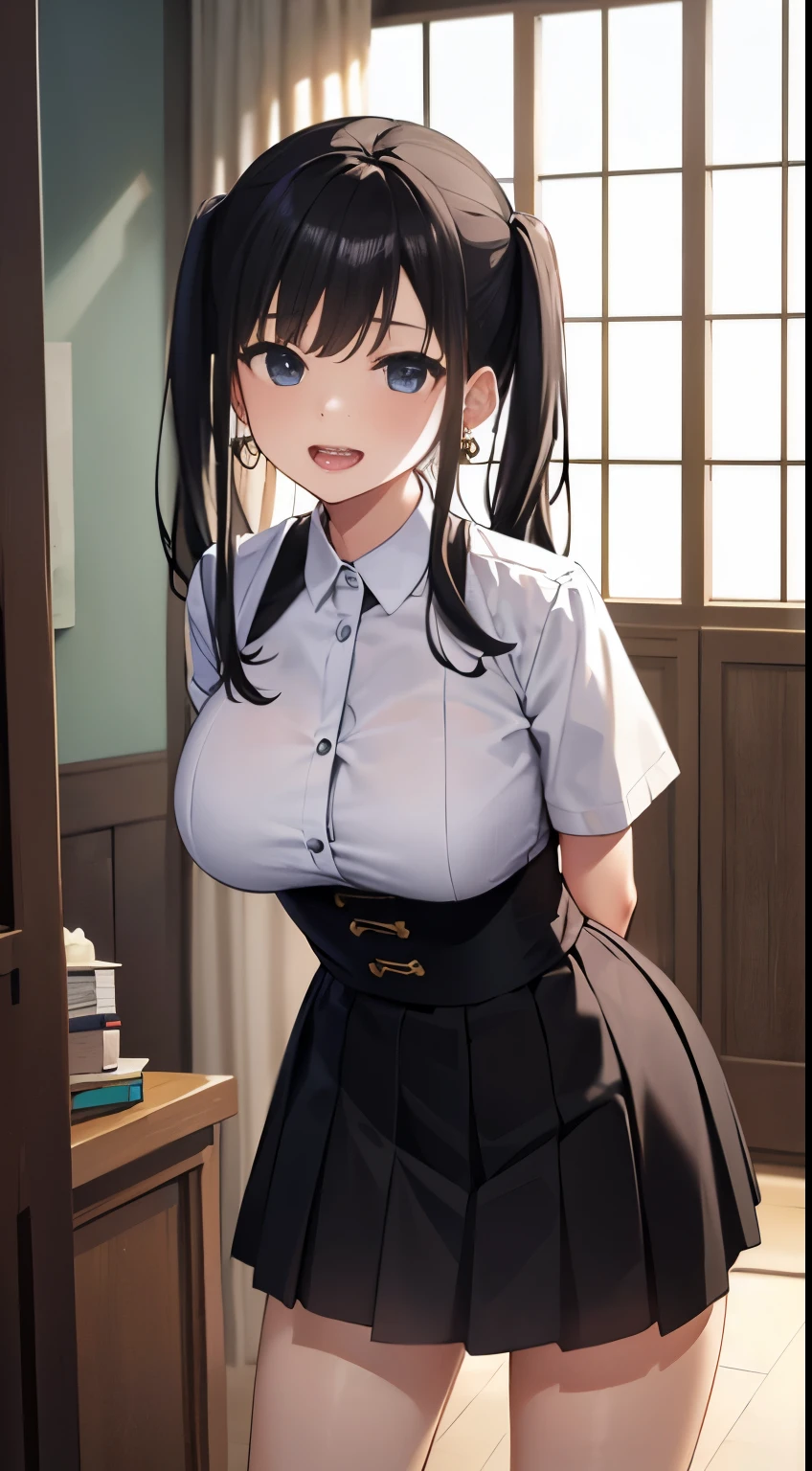 最high quality、best image quality、masterpiece、twins、同じ顔のtwins(stand face to face and snuggle)、2 peopleの十代の少女((2 people、、young face、young girl、Black sexy clothes,black skirt,vest bust、Bust 100、big 、big breasts、long black hair,black eye、Open your chest wide、valley、happiness、thin、Blood coating、laugh at、chest enhancement、gold earrings、Beckon motion、Cross your arms behind your back、leaning forward))high quality、beautiful art、depth(Beautiful black house),elaborate design、visual art、high contract、best lighting、most detailed、Low - Angle