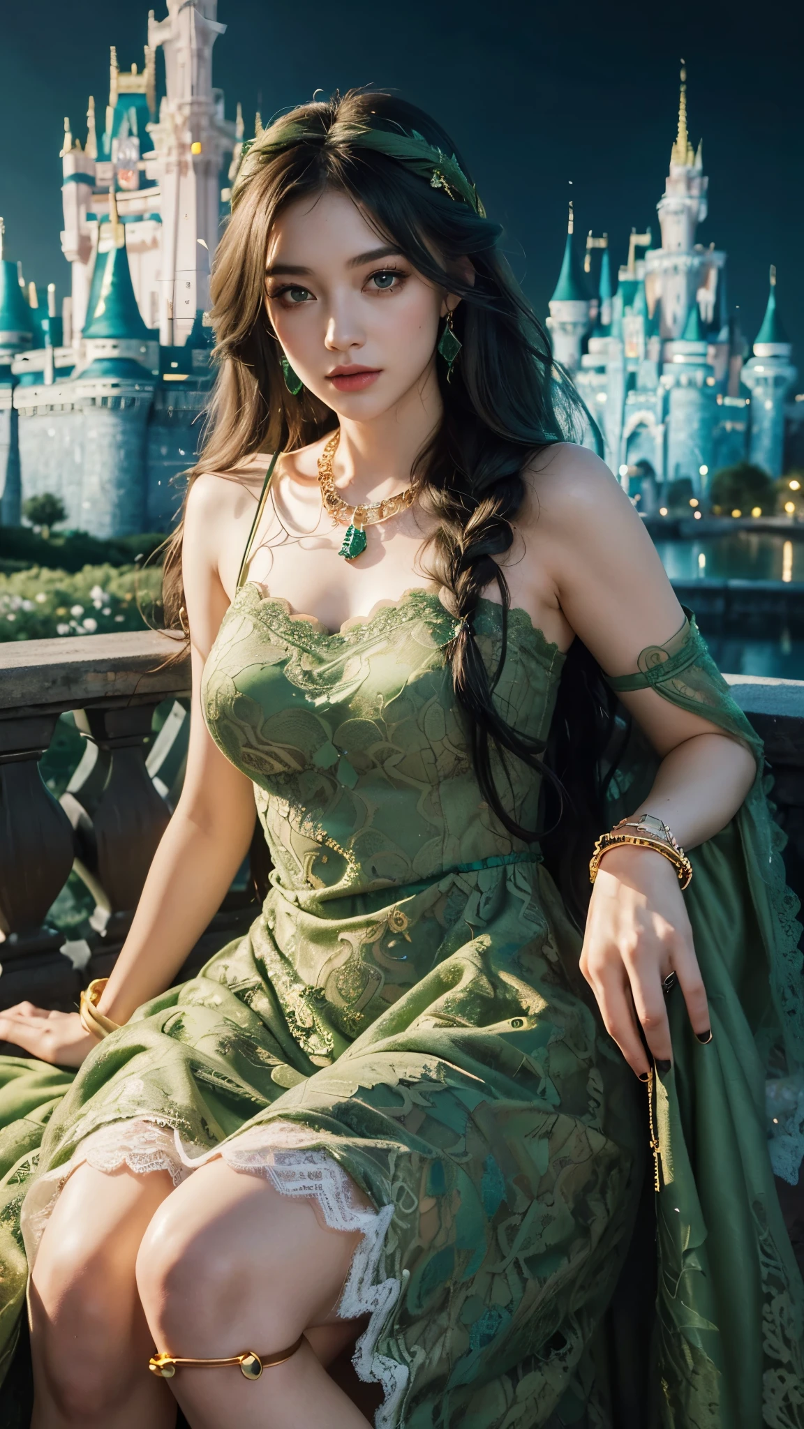8k, Ultra HD, masterpiece, realistic, 1 girl, nice face, smog makeup, very long hair, Princess hairstyle, detailed eyes, detailed lips, middle picture, very detailed dress, (Green dress:1.5), (epaulettes:1.5), (race:1.5), (그water 스타킹:1), (bijouterie:1.8), ((disney castle)), night sky, water, bloom lighting, night light, darkness, attractive pose, seat,