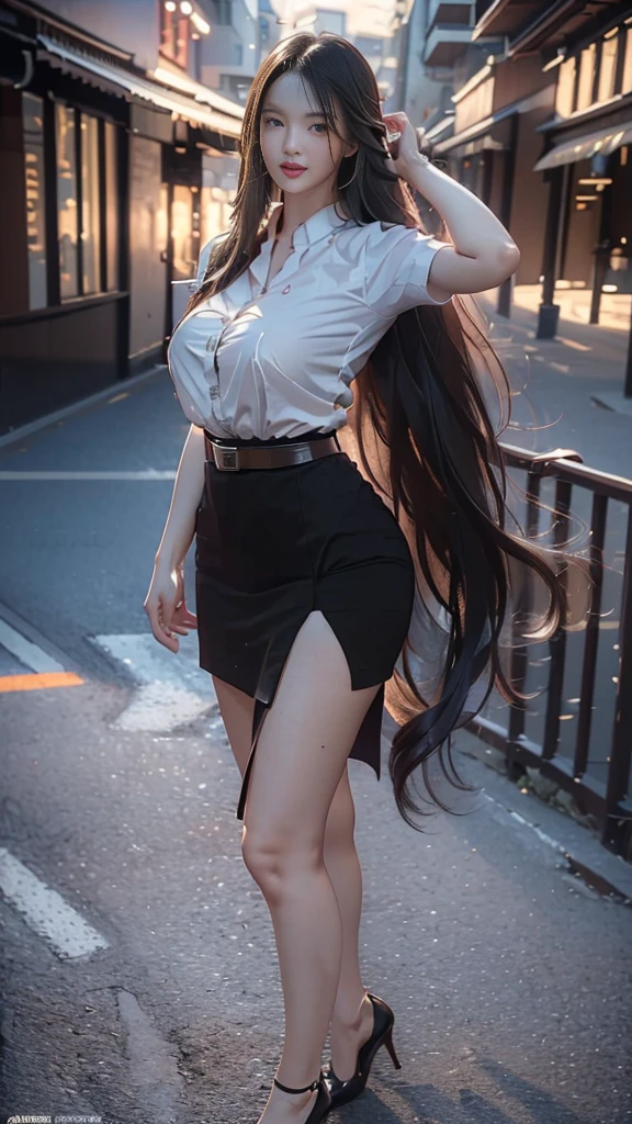 highest resolution, 8K, high definition, (((My hair is very long., My hair is very long., My hair is very long., Extra long, Knee-length hair))), Thai Students, Half Thai, half Japanese, half Korean., Height 173 centimeters, (((stand, walk))), Beautiful face, แต่งBeautiful face, Double eyelids, red lips, smile at the corner of the mouth, beautiful eyes, Beautiful Woman, The texture is realistic., ((Slim white short-sleeved shirt, collar shirt, Matte black short pencil skirt, Very short, Side incision, กระโปรงสีดำด้านพร้อมbeltผู้หญิง, tight)), ((Huge breasts, Breast augmentation, เต้าBig tits, Big tits, Plump milk, Fluffy milk, Huge breasts:1.3)), ((Symmetrical shape, sexy figure)), ((Thin, slim, small waist)), ((Long legs, Beautiful thighs)), ((Pitch black high heels, earring, Put on a watch, belt)), (((full body, Look at every part of the body.))), university backdrop, building, building, lawn, outdoor sports field