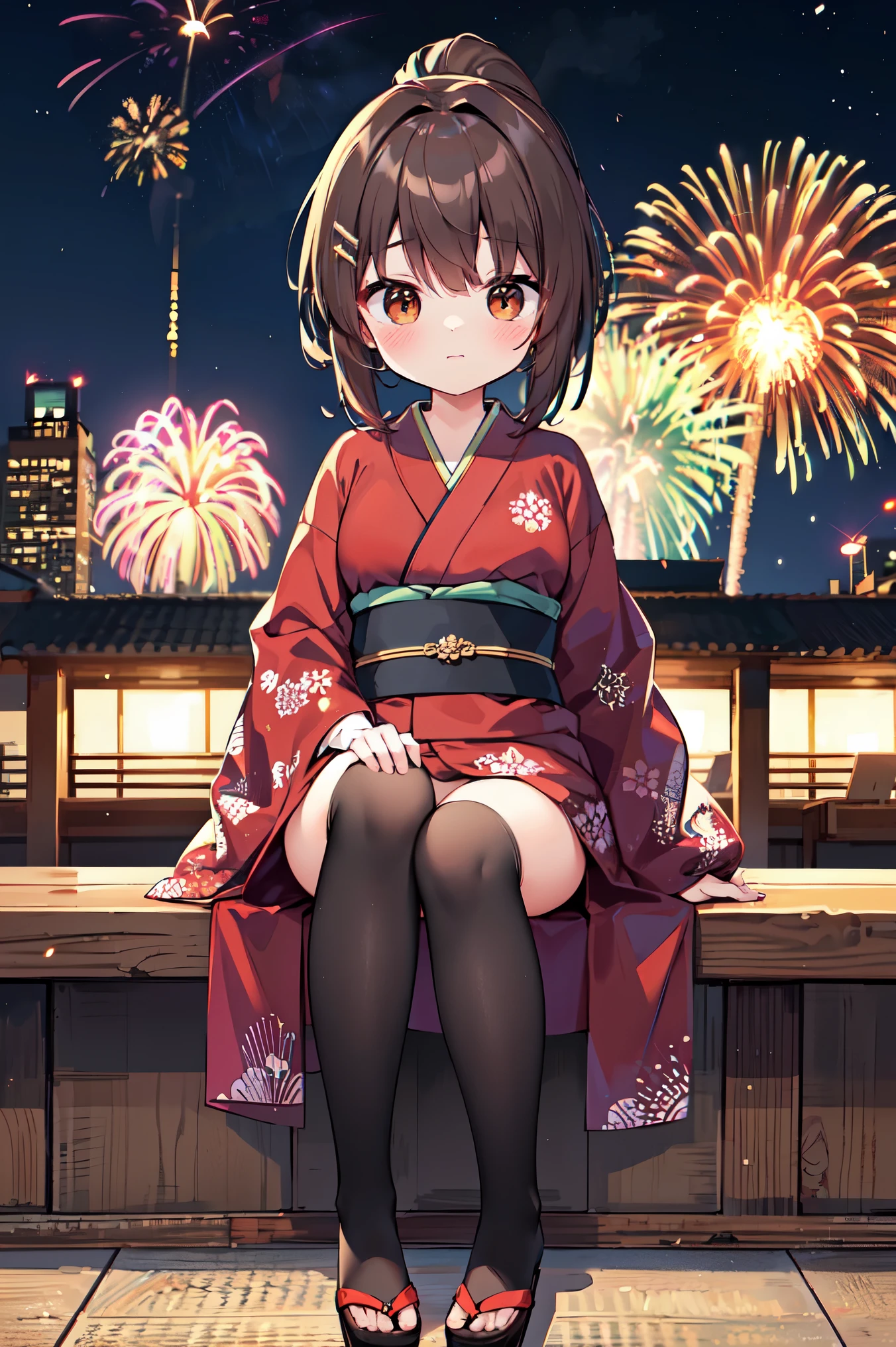 "anime girl, 1 person, dark brown hair, ponytail, ponytail, hairpin, brown eyes, kimono, dark brown kimono, elaborate patterned outfit, stockings, large breasts, blushing , solo,chibi,full body, view from different directions, night, festival, New Year's Eve fireworks, watch fireworks (full HD Image 4K+)"