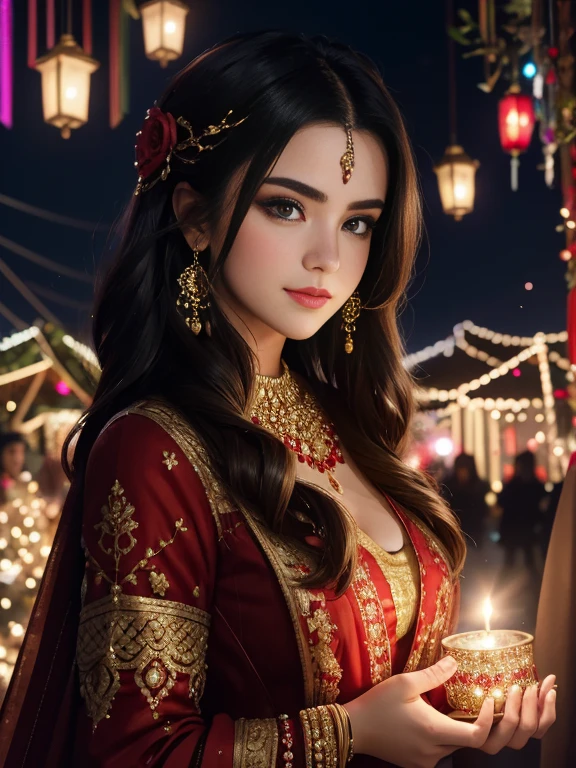 Create a captivating illustration of a stunningly beautiful girl (((selena Gomez:Emma Watson:0.7))) lighting a candle and posing for a photo during the festival of lights. She is dressed in traditional attire ((red aesthetic dress)) adorned with intricate jewelry and a vibrant dress that reflects the spirit of the festival. Her hair is styled elegantly, with flowers or ornaments adding a touch of grace. The setting is her beautifully decorated house, with shimmering lights and colorful lanterns adorning the facade. The street behind her is also adorned with lights, creating a magical ambiance. Imagine the glow from the lights casting a warm and ethereal glow on her face, enhancing her beauty. In the sky above, fireworks burst with vibrant colors and patterns, illuminating the scene with a breathtaking display. The fireworks can be in various shapes, like stars, flowers, or even cascading sparkles. Their brilliant lights create a mesmerizing backdrop for the photo, adding an extra touch of magic to the illustration. The girl can be striking a confident and elegant pose, with a joyful expression on her face. Her eyes are filled with excitement, capturing the essence of the festive spirit. You may also consider incorporating props like a camera or a smartphone in the illustration to emphasize the idea of posing for a photo.