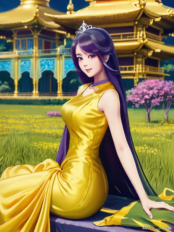 masterpiece, best quality, girl, solo, ((mature female)),, long hair, hair, princess,(upper yellow lower purple) silk dress black dress(dress) (golden dress) fantasy, happy, looking at viewer, cartoon, anime, (oil painting)Burmese girl, 18 years old, Bagan pagoda view background, clear Hd 8k