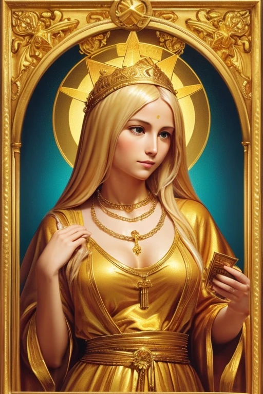 Produce a religious catolic painting of blond hair Our Lady of Money with golden chain with big golden dollar sign on chest. She is holding a lot of money. Money, money everywhere. Orange color layout.