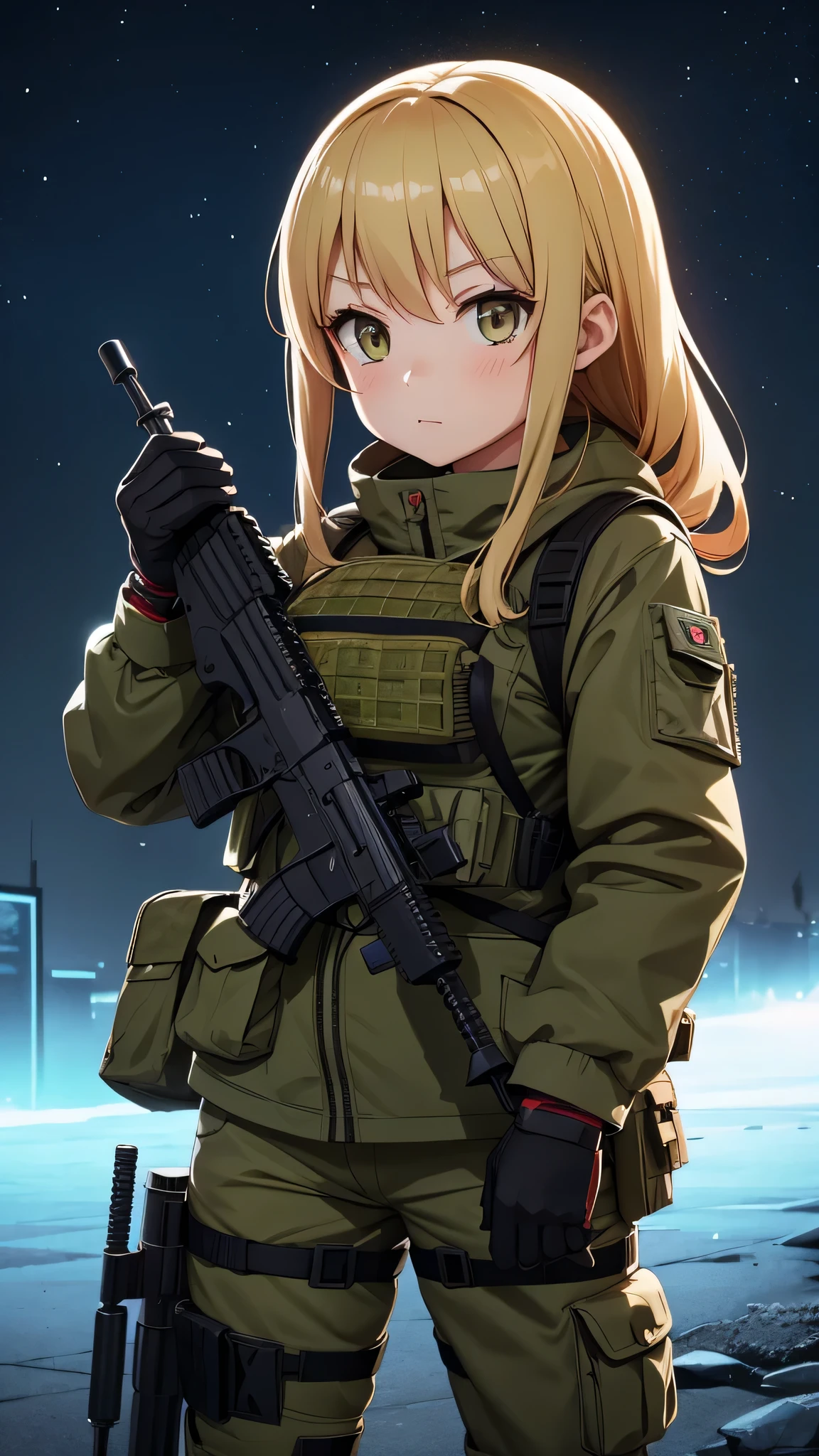 anime, cute girl , wearing tactical gear, night time, war time 