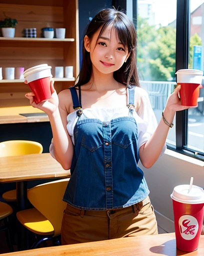 A young woman in casual attire, standing inside a brightly lit cafe with natural sunlight, smiling and pointing upwards with her right index finger. In the background, there are colorful coffee cups visible.