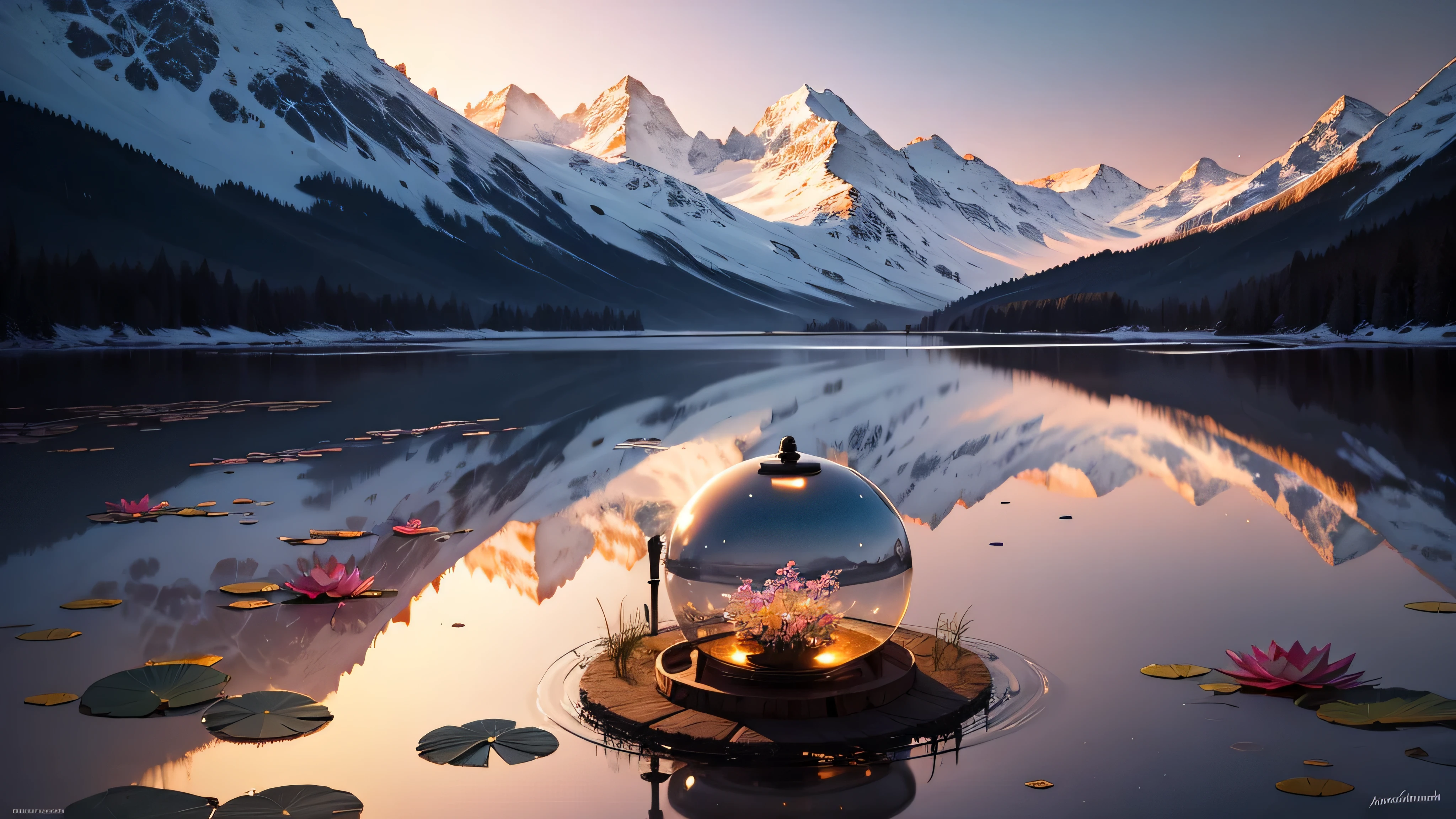 (ultra-détaillé,photoréaliste:1.37),(aquarelle),(fleurs de lotus flottant dans un étang translucide),(montagnes enneigées reflétées dans le miroir d'eau),(utiliser la distorsion en barillet pour créer une impression de profondeur),(magnifique coucher de soleil),(représenter de manière vivante du premier plan à l'arrière-plan),(rétroéclairage spectaculaire du soleil couchant sur les montagnes enneigées)