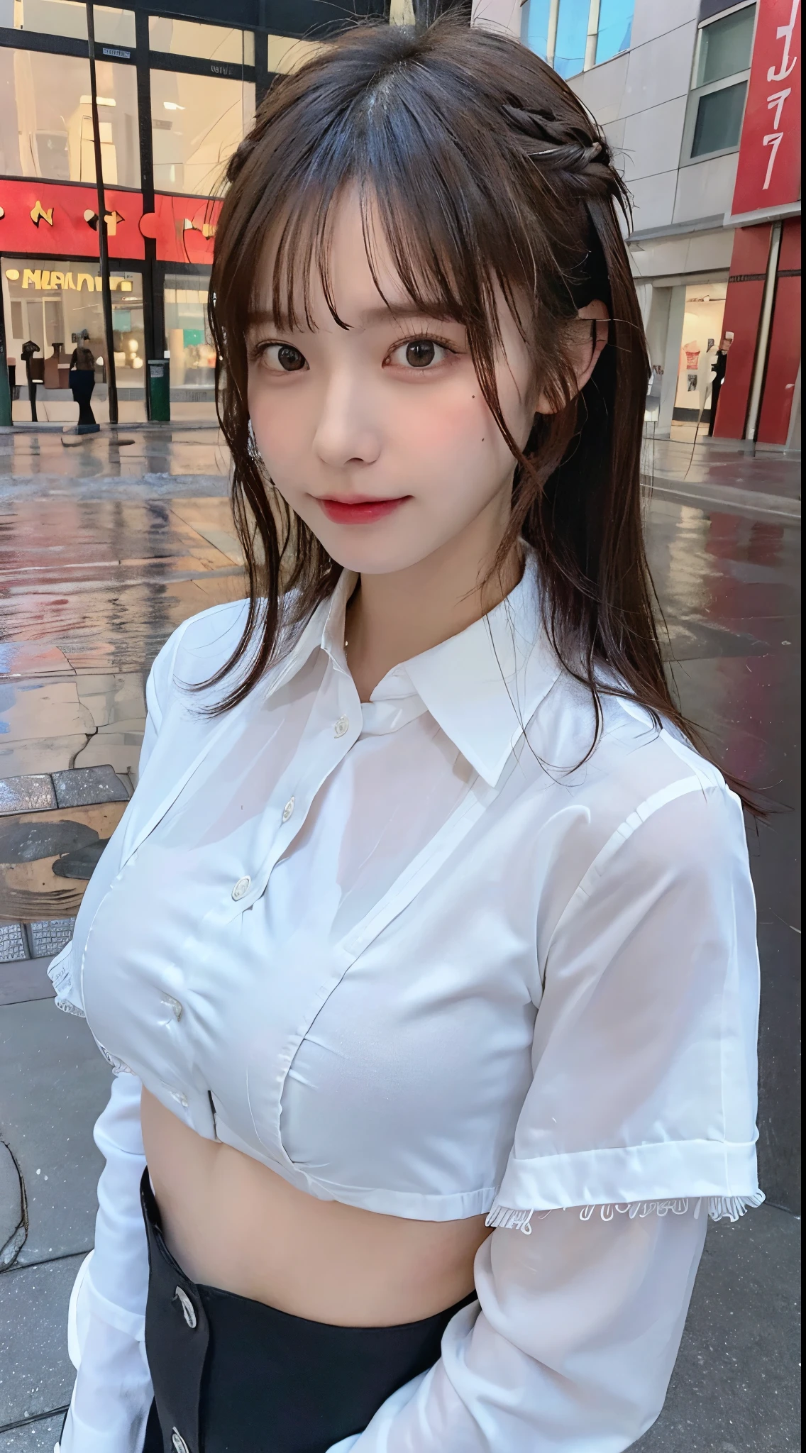 ((highest quality, 8K, masterpiece: 1.3)), sharp: 1.2, perfect body beauty: 1.4, slim abs: 1.2, ((layered hairstyles, big breasts: 1.2)), (Wet White Button Long Shirt: 1.1), (rain, street: 1.2), Wet: 1.5, Highly detailed face and skin texture, fine eyes, double eyelid, profile looking at camera、no bra、