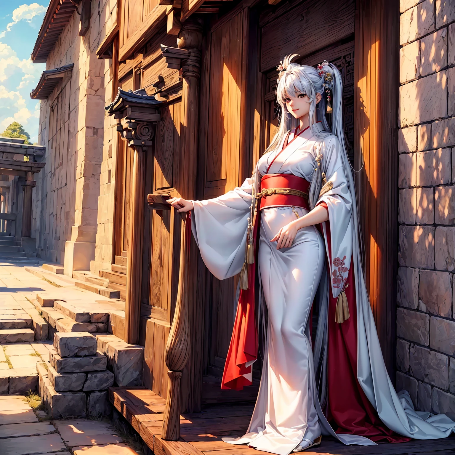 (((highest quality、masterpiece、very high resolution、highly detailed images、detailed details)))、(A woman of perfect and ultimate beauty:18-year-old, beautiful body:Slender and beautiful breasts、beautiful face:smile、beautiful hair:various hairstyles)、(best skin and hair texture)、((shrine maiden costume:white kimono and red hakama)),(Mysterious shrine:There is a company,natural light,beautiful scenery,beautiful scenery),(beautiful pose,model shoot),realistic portrait,Overall image、highly detailed images、accurate image:1.5、accurate anatomy:1.5、Image without defects,perfect image,Overall image,(best shot,RAW photo:1.2)