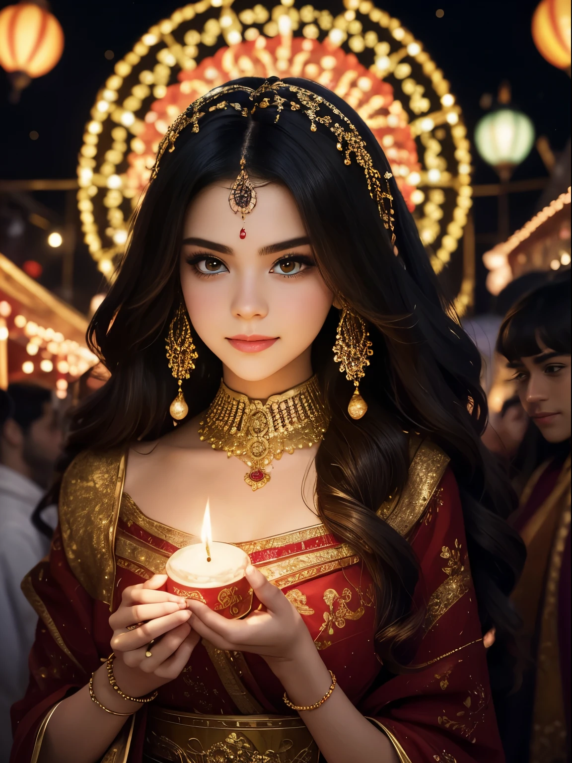 Create a captivating illustration of a stunningly beautiful girl (((selena Gomez:Emma Watson:0.7))) lighting a candle and posing for a photo during the festival of lights. She is dressed in traditional attire ((red aesthetic dress)) adorned with intricate jewelry and a vibrant dress that reflects the spirit of the festival. Her hair is styled elegantly, with flowers or ornaments adding a touch of grace. The setting is her beautifully decorated house, with shimmering lights and colorful lanterns adorning the facade. The street behind her is also adorned with lights, creating a magical ambiance. Imagine the glow from the lights casting a warm and ethereal glow on her face, enhancing her beauty. In the sky above, fireworks burst with vibrant colors and patterns, illuminating the scene with a breathtaking display. The fireworks can be in various shapes, like stars, flowers, or even cascading sparkles. Their brilliant lights create a mesmerizing backdrop for the photo, adding an extra touch of magic to the illustration. The girl can be striking a confident and elegant pose, with a joyful expression on her face. Her eyes are filled with excitement, capturing the essence of the festive spirit. You may also consider incorporating props like a camera or a smartphone in the illustration to emphasize the idea of posing for a photo.