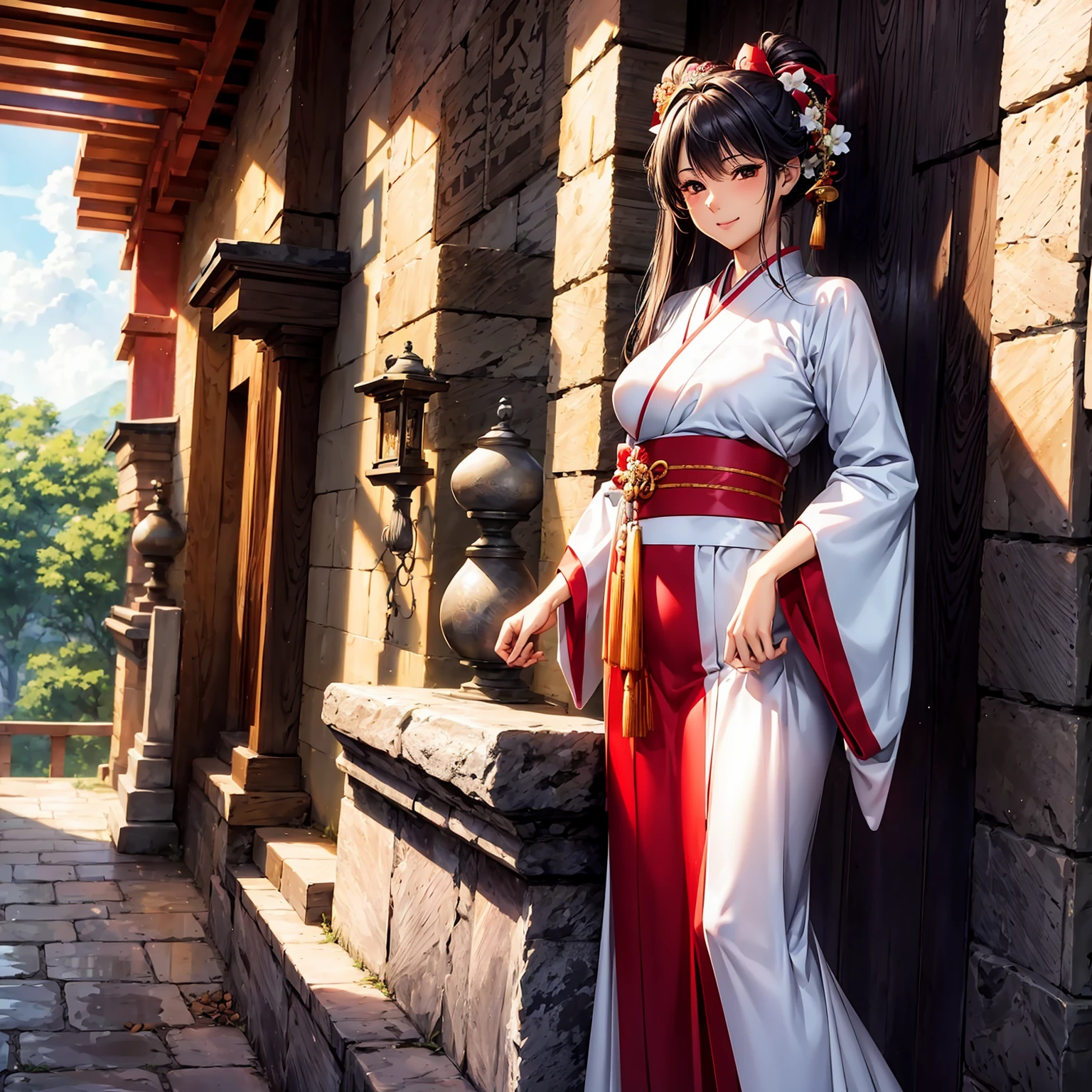(((highest quality、masterpiece、very high resolution、highly detailed images、detailed details)))、(A woman of perfect and ultimate beauty:18-year-old, beautiful body:Slender and beautiful breasts、beautiful face:smile、beautiful hair:various hairstyles)、(best skin and hair texture)、((shrine maiden costume:white kimono and red hakama)),(Mysterious shrine:There is a company,natural light,beautiful scenery,beautiful scenery),(beautiful pose,model shoot),bijinga,Overall image、highly detailed images、accurate image:1.5、accurate anatomy:1.5、Image without defects,perfect image,Overall image,(best shot,RAW photo:1.2)