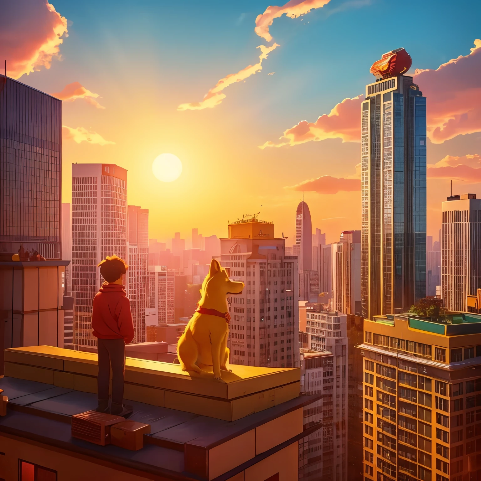 A young man and a big yellow dog stand on a high-rise building in the city with their backs to the screen,A huge golden Chinese dragon floats behind the tall building,Chinese dragon with a huge red sun behind it,Beautifully,cartoon画质,cartoon