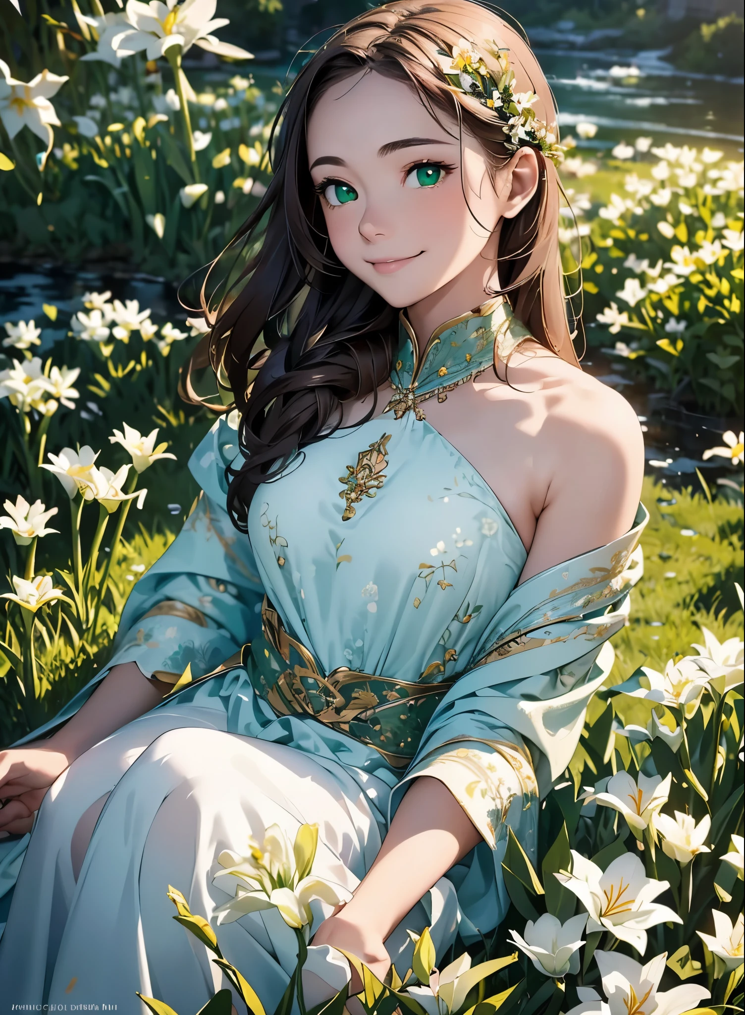 (masterpiece), (highest quality), ultra high resolution, sharp focus, ((1 female, alone)), Upper body, dutch angle, beautiful fine hair, chestnut hair, long hair falls, beautiful detailed face, ((Beautifully shaped eyes, green eyes)), perfect feminine face, look at the audience, smile, Feminine light coordination, In the meadow of lilies flowers, sitting on the ground