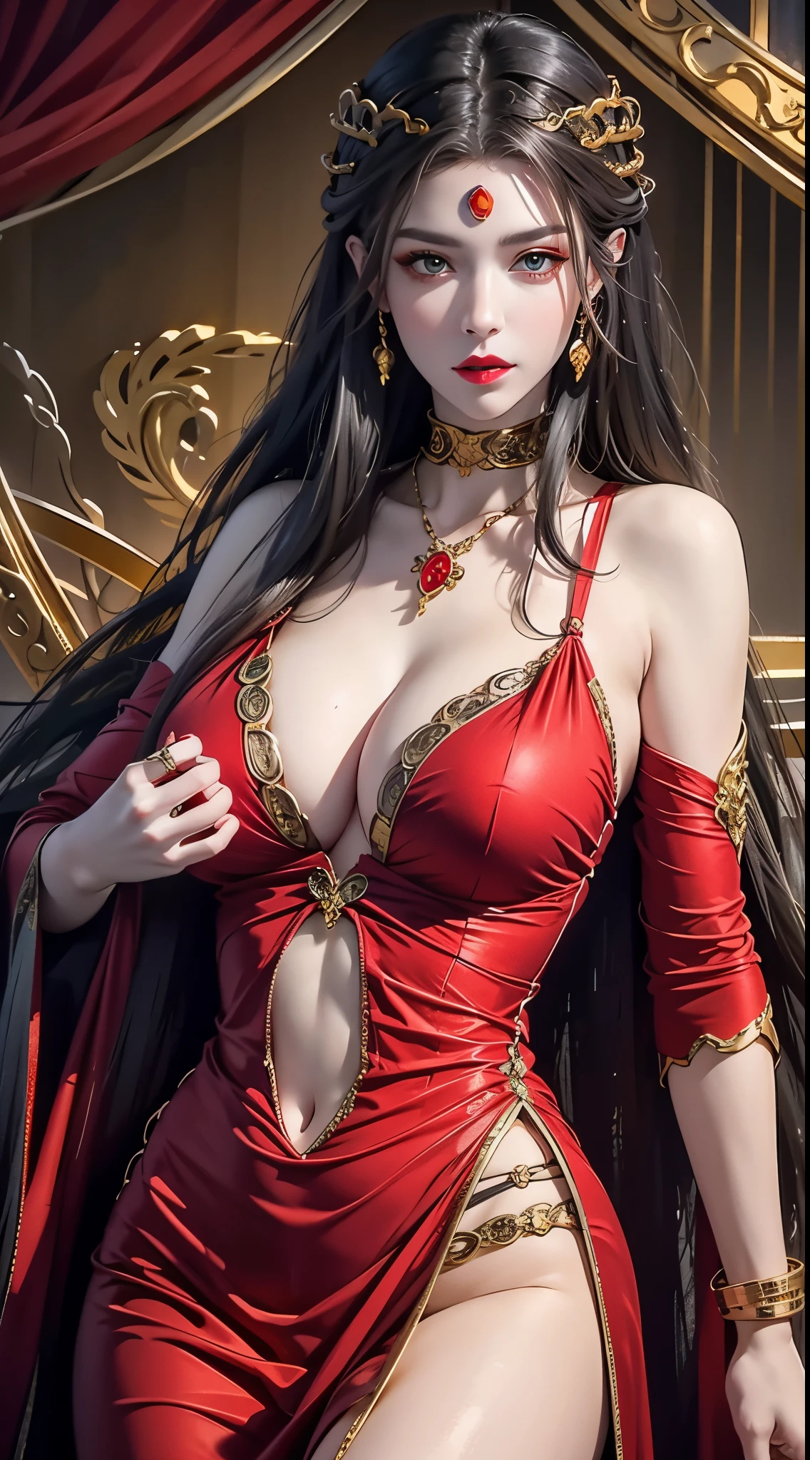 Photorealistic, high resolution, 1 woman, hips up, Beautiful eyes, Long hair, ringed eyes, jewelry, medusa, red dress,huge 