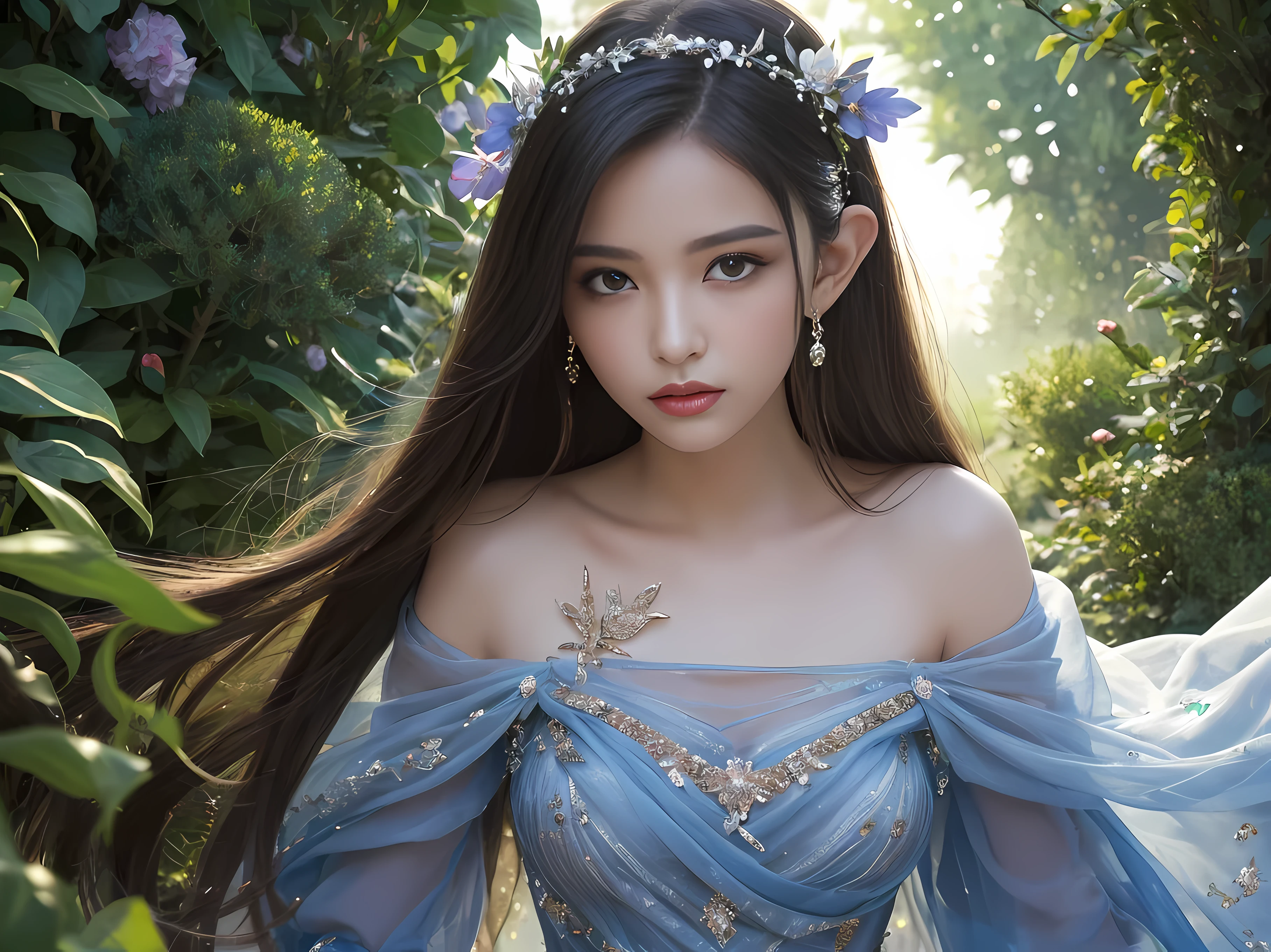 Hannah, She stands in the star garden of Elsoria.、Exudes a touch of tranquility and mystery。. Wearing an elf gown woven from elegant fabric that shines like moonlight, her figure is even more emphasized, Adding otherworldly charm to its overwhelming presence, Sparkling with every breeze that caressed her. The calm expression on her face, With piercing deep eyes, attract the attention of everyone who sees her, Their petals extend towards her as if to show respect.. At night