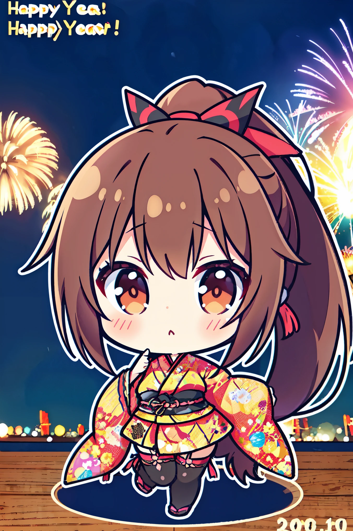 "anime girl, 1 person, dark brown hair, ponytail, ponytail, hairpin, brown eyes, kimono, dark brown kimono, elaborate patterned outfit, stockings, large breasts, blushing , solo,chibi,full body, view from different directions, night, festival, New Year's Eve fireworks, watch fireworks (full HD Image 4K+)"