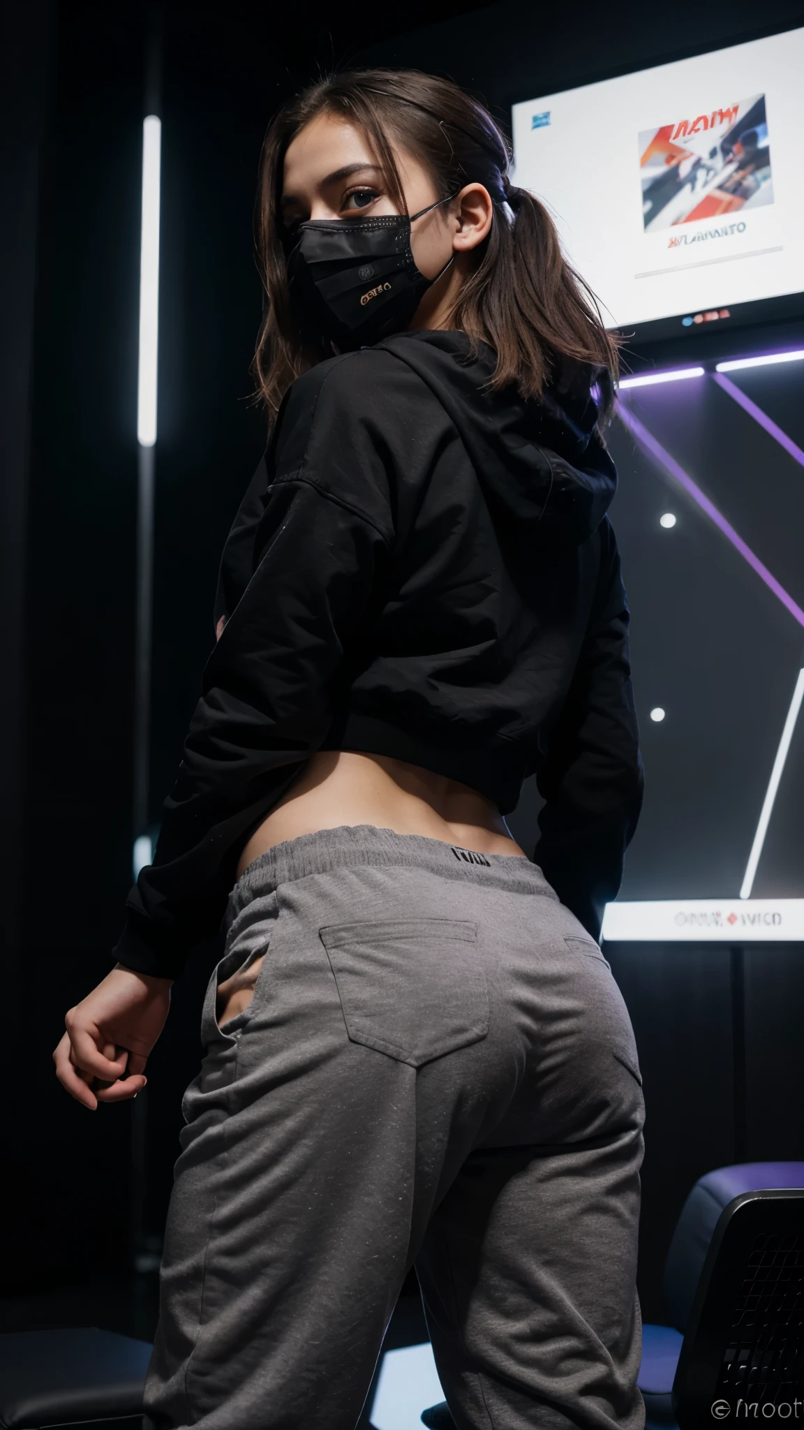 Young white skin girl (with black mouth mask), with black sweatshirt and pants, sentado em uma cadeira de jogos, jogando no computador de jogos em cima da mesa. No interior de uma sala de jogos (escuro), with purple LED lighting. cinematographic, rear angle, back view, 4k, fotorealista, detalhado, Ultra-HD, cores vivas, sharp details, realista, foto