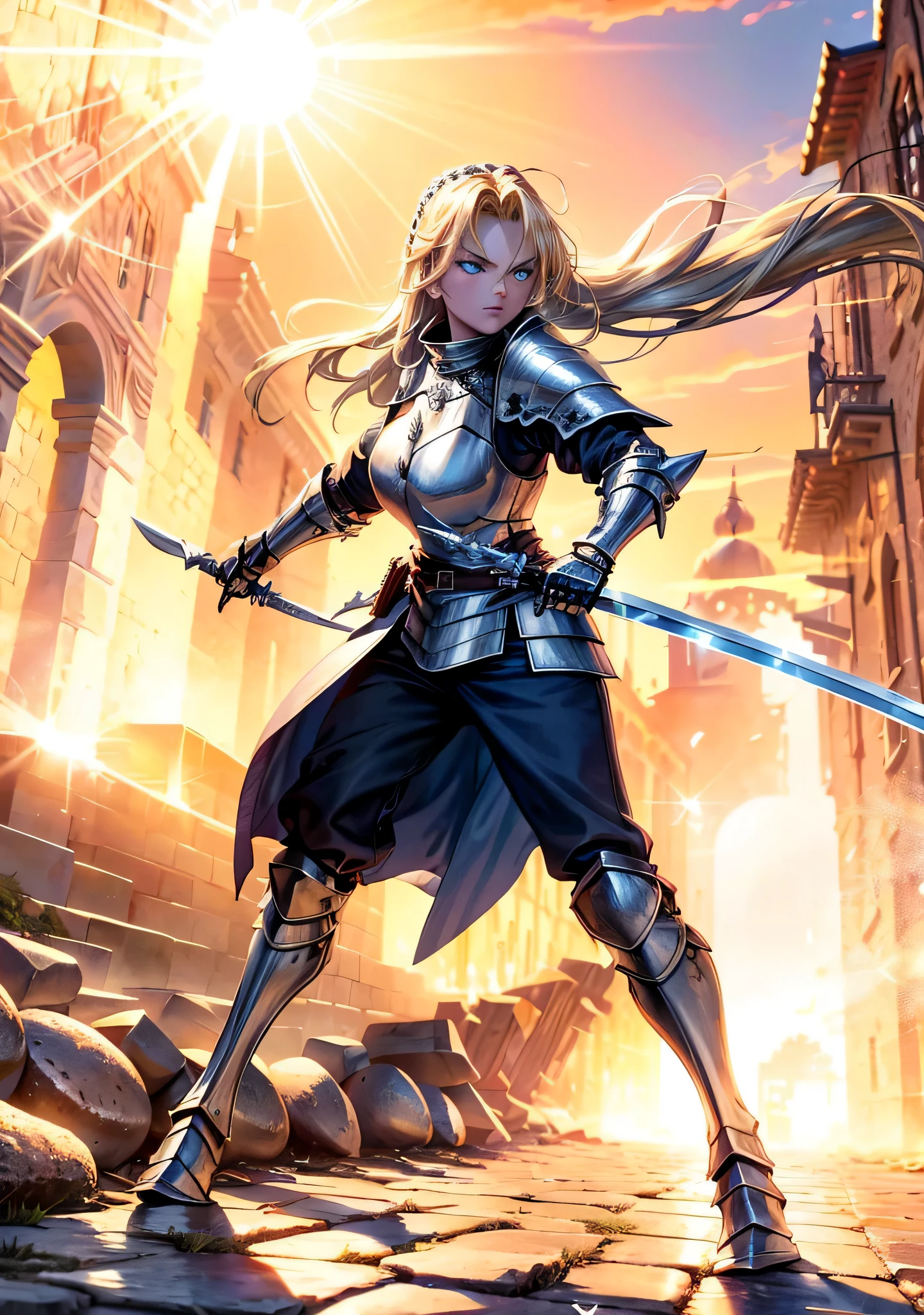 masterpiece,8K,highest quality,Super detailed,ultra high resolution, (((1 Female Knight))), (has two long swords), (Er Dao Liu), (rage:0.6), blonde hair, blue eyes, spike hair, (((burning edge:1.2))), (((Lens flare))), (((sunrise))), (((Charming European cobblestone streets of a historic town)))