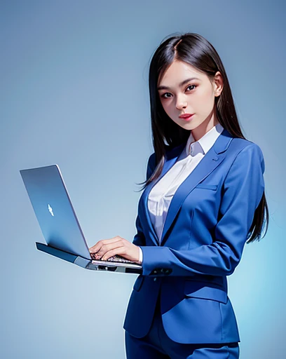 Confident young woman in smart casual attire, holding a sleek, modern laptop, standing with a posture of assurance, against a high-tech, digital blue background with abstract light patterns.