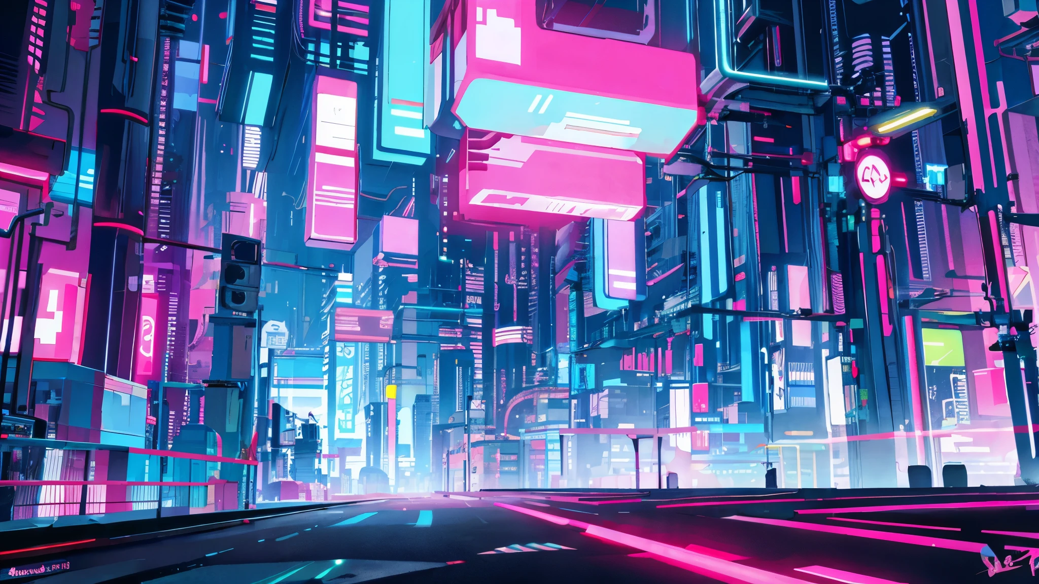 cyberpunk city background with neon red blue pink yellow and green light