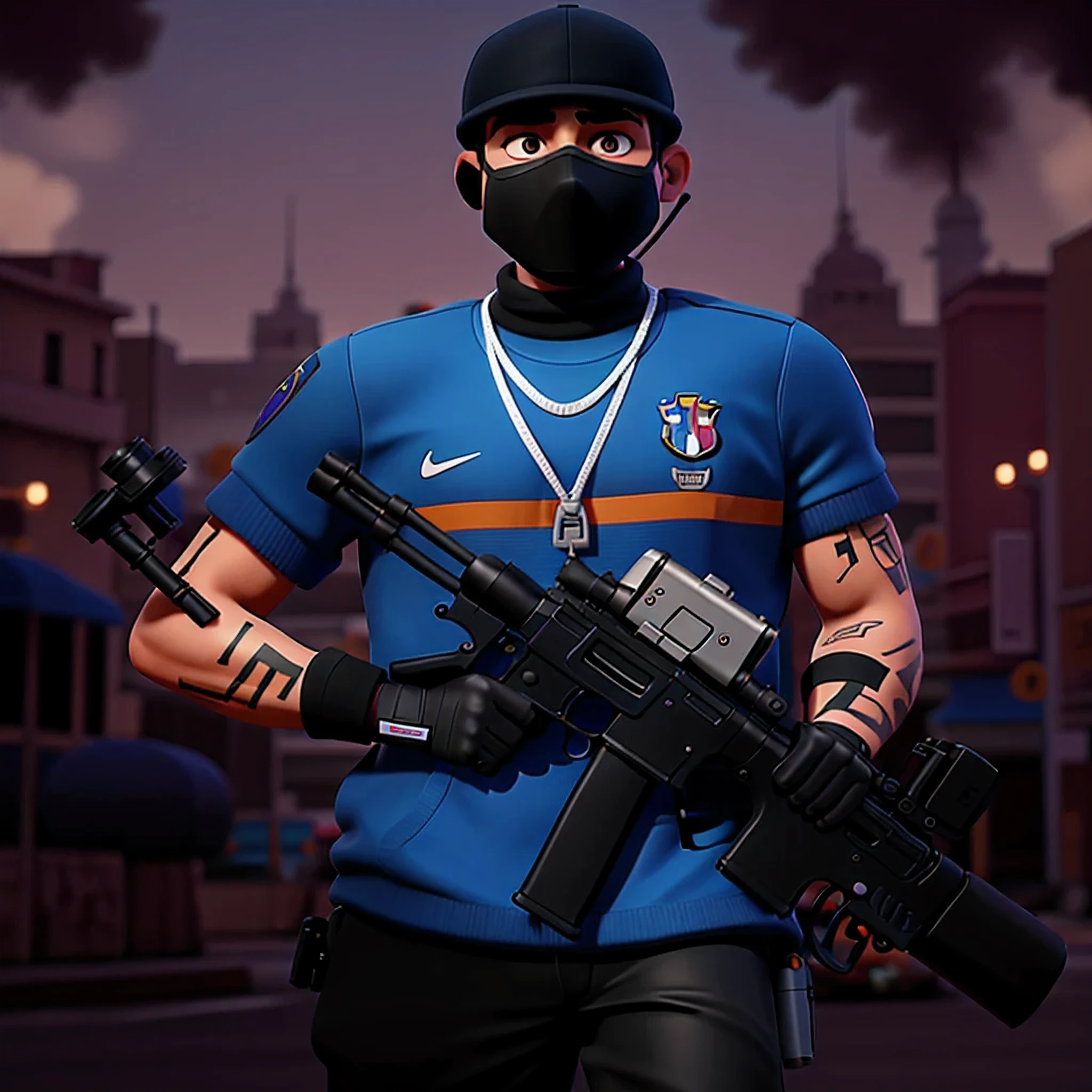 man armed with a gun and a mask on a city street, french special ops, 8k altamente detalhado ❤🔥 🔥 💀 🤖 🚀, realismo no estilo de jogo fornite, Neymar no GTA V, epic art style, capa do jogo, estilo de jogo interno, no estilo de jogo 8k, Skin no PC para jogos