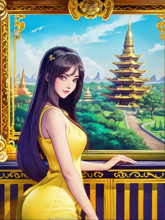 masterpiece, best quality, girl, solo, ((mature female)),, long hair, hair, princess,(upper yellow lower purple) silk dress black dress(dress) (golden dress) fantasy, happy, looking at viewer, cartoon, anime, (oil painting)Burmese girl, 18 years old, Bagan pagoda view background, clear Hd 8k