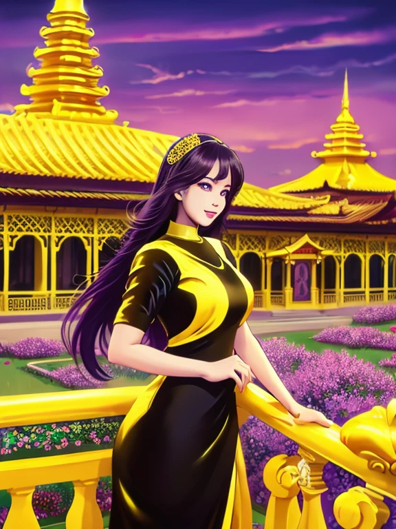 masterpiece, best quality, girl, solo, ((mature female)),, long hair, hair, princess,(upper yellow lower purple) silk dress black dress(dress) (golden dress) fantasy, happy, looking at viewer, cartoon, anime, (oil painting)Burmese girl, 18 years old, Bagan pagoda view background, clear Hd 8k