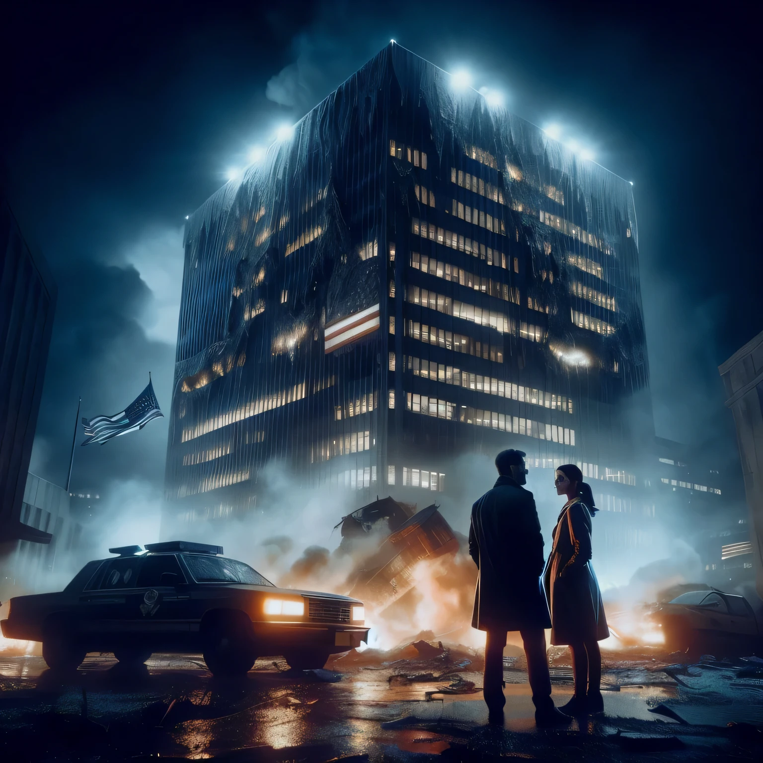 a couple of people standing in front of a building at night, beeple and greg rutkowski, beeple and tim hildebrandt, beeple and mike winkelmann, cinematic beeple, recusion beeple, beeple. hyperrealism, artgem and beeple masterpiece, beeple global illumination