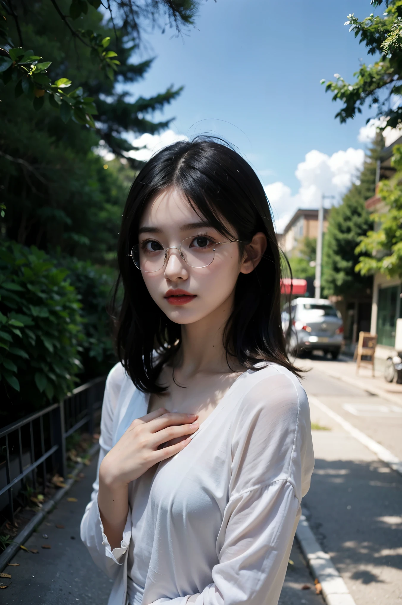 Top quality, one beautiful woman, 25 years old, (extra short hair,forehead), (straight hair:1.5), (black hair:1.5), (dark eyes:1.3), (glasses), slendar body, black hair, pale skin, (medium chest:1.4) BREAK depth of field, portfolio, outside