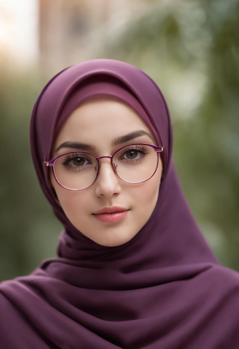 (RAW photo, best quality), POV, close-up, (realistic, photo-realistic:1.3), ((School Uniform)), HIJAB OUTFITS DRESS, best quality of Hijab Girl, Full Hijab Dress, Purple Hijab, highly detailed, masterpiece, ultra-detailed, illustration, 1girl, upper_body, dynamic angle, world masterpiece hijabi, extremely detailed CG unity 8k wallpaper, ink, Amazing, cinematic lighting, reading glasses.