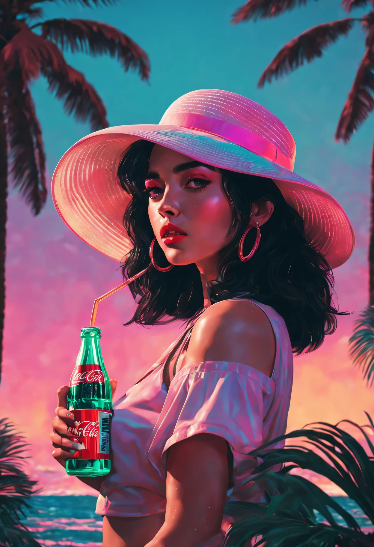 (best quality, high resolution, Super detailed, actual:1.37), Vaporwave aesthetic style Coca-Cola advertisement, 1 girl, Beautiful and delicate eyes,Beautiful and delicate lips,long black hair, wearing a straw hat,80s nostalgia, neon lights, Retro color, Retro CRT effect, Fault art, dreamy atmosphere, Palm tree, Sunset, Summer vibe, 3D rendering graphics, smooth surface, shiny metallic elements, Cyberpunk elements, pixel art, digital nostalgia, Cassette tape, VHS tape, lo-fi music, statuesque model, glass bottle, sparkling soda, Refreshing drink, tropical paradise, futuristic font, aesthetic vision.