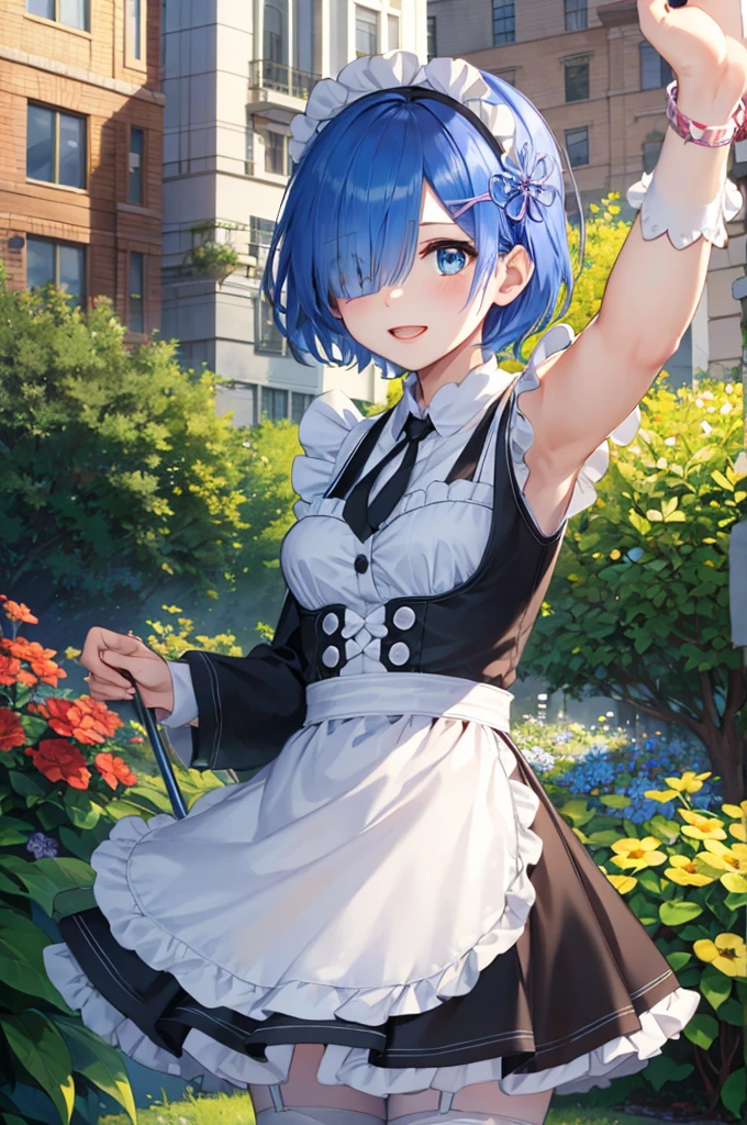 masterpiece, best quality, Super detailed, illustration, epic lighting, composition, rich and colorful, sharp:1.3, 1 girl, aboutm_\(about:zero\), medium baboutasts, blue hair, short hair, (hair over one eye:1.3), Eye_visible_pass_hair, blue Eye, Rosswar_building_maid_, apron, white stockings, garters, permanent, Upper body, outdoor, building, summer, garden, flowers, taboutes, Grass, bush, Sunlight, (extaboutmely detailed CG:1.2), (8k:1.1),rem