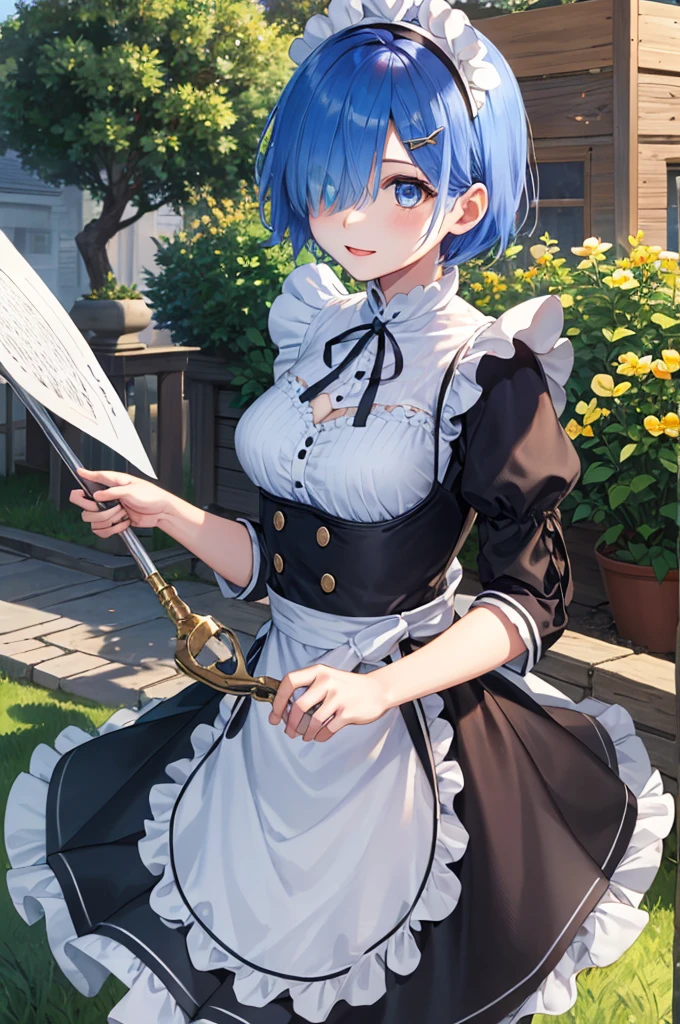 masterpiece, best quality, Super detailed, illustration, epic lighting, composition, rich and colorful, sharp:1.3, 1 girl, aboutm_\(about:zero\), medium baboutasts, blue hair, short hair, (hair over one eye:1.3), Eye_visible_pass_hair, blue Eye, Rosswar_building_maid_, apron, white stockings, garters, permanent, Upper body, outdoor, building, summer, garden, flowers, taboutes, Grass, bush, Sunlight, (extaboutmely detailed CG:1.2), (8k:1.1),rem