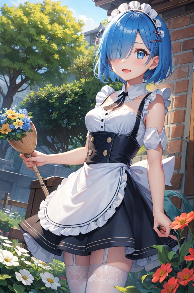 masterpiece, best quality, Super detailed, illustration, epic lighting, composition, rich and colorful, sharp:1.3, 1 girl, aboutm_\(about:zero\), medium baboutasts, blue hair, short hair, (hair over one eye:1.3), Eye_visible_pass_hair, blue Eye, Rosswar_building_maid_, apron, white stockings, garters, permanent, Upper body, outdoor, building, summer, garden, flowers, taboutes, Grass, bush, Sunlight, (extaboutmely detailed CG:1.2), (8k:1.1),rem