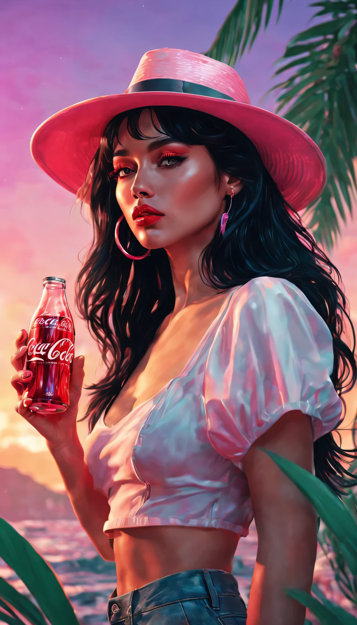 (best quality, high resolution, Super detailed, actual:1.37), Vaporwave aesthetic style Coca-Cola advertisement, 1 girl, Beautiful and delicate eyes,Beautiful and delicate lips,long black hair, wearing a straw hat,80s nostalgia, neon lights, Retro color, Retro CRT effect, Fault art, dreamy atmosphere, Palm tree, Sunset, Summer vibe, 3D rendering graphics, smooth surface, shiny metallic elements, Cyberpunk elements, pixel art, digital nostalgia, Cassette tape, VHS tape, lo-fi music, statuesque model, glass bottle, sparkling soda, Refreshing drink, tropical paradise, futuristic font, aesthetic vision.