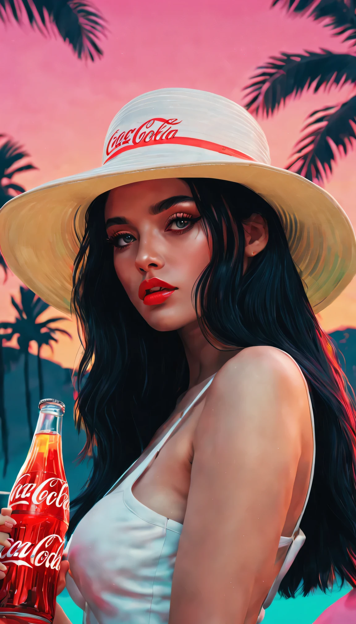 (best quality, high resolution, Super detailed, actual:1.37), Vaporwave aesthetic style Coca-Cola advertisement, 1 girl, Beautiful and delicate eyes,Beautiful and delicate lips,long black hair, wearing a straw hat,80s nostalgia, neon lights, Retro color, Retro CRT effect, Fault art, dreamy atmosphere, Palm tree, Sunset, Summer vibe, 3D rendering graphics, smooth surface, shiny metallic elements, Cyberpunk elements, pixel art, digital nostalgia, Cassette tape, VHS tape, lo-fi music, statuesque model, glass bottle, sparkling soda, Refreshing drink, tropical paradise, futuristic font, aesthetic vision.