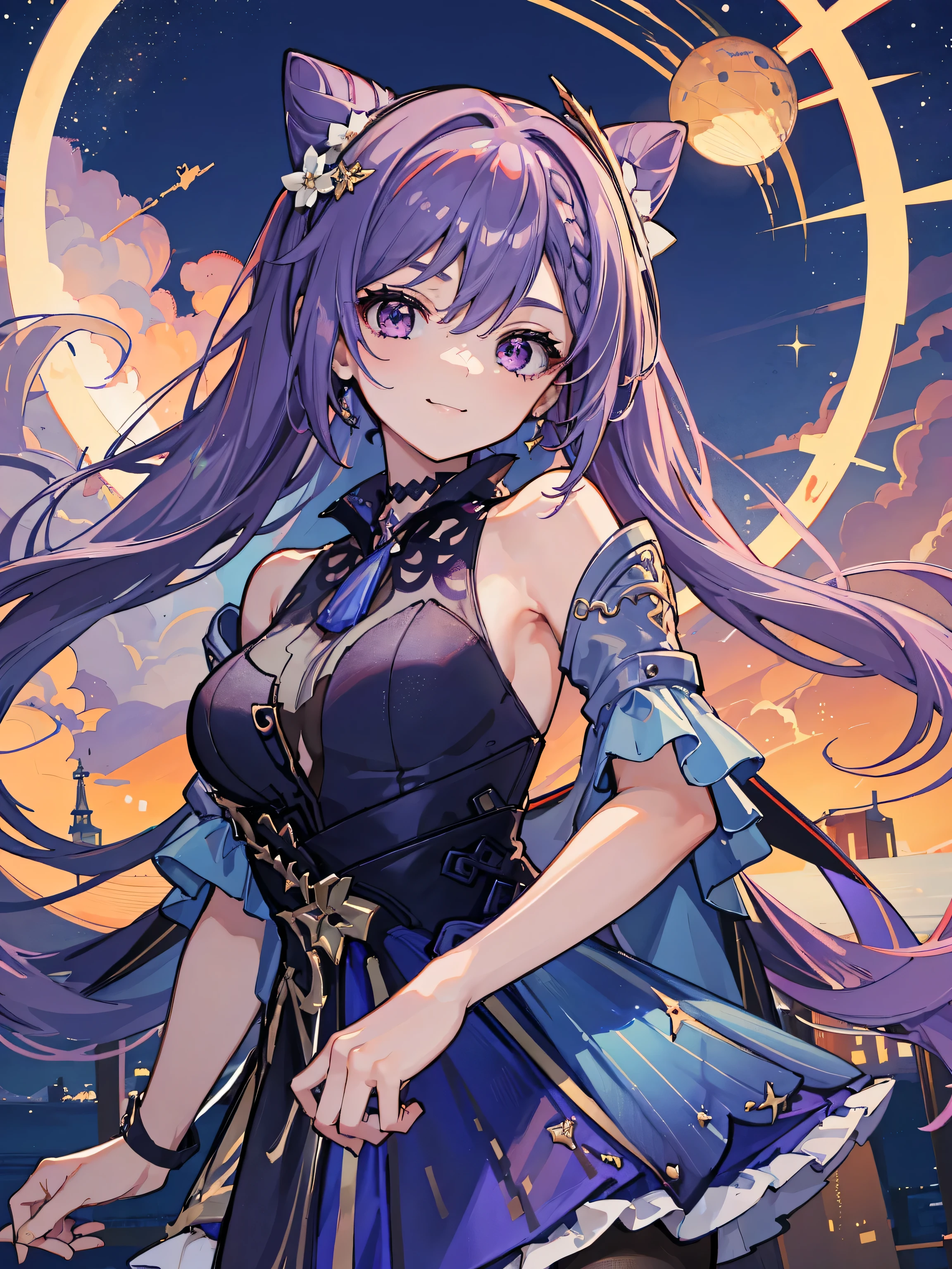 masterpiece, best quality, hyper-detailed, 8k resolution, RAW photo, tanktop , gorgeous face, perfect body, 18yo, Neck turtle, happy, posing to sky, posing behind to camera, purple hair, smile, night, kissing face, stars on the sky, wearing opulent splendor