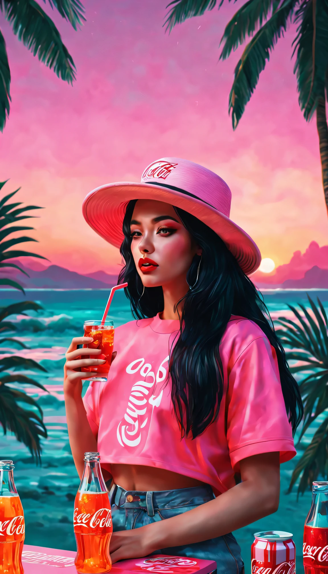 (best quality, high resolution, Super detailed, actual:1.37), Vaporwave aesthetic style Coca-Cola advertisement, 1 girl, Beautiful and delicate eyes,Beautiful and delicate lips,long black hair, wearing a straw hat,80s nostalgia, neon lights, Retro color, Retro CRT effect, Fault art, dreamy atmosphere, Palm tree, Sunset, Summer vibe, 3D rendering graphics, smooth surface, shiny metallic elements, Cyberpunk elements, pixel art, digital nostalgia, Cassette tape, VHS tape, lo-fi music, statuesque model, glass bottle, sparkling soda, Refreshing drink, tropical paradise, futuristic font, aesthetic vision.