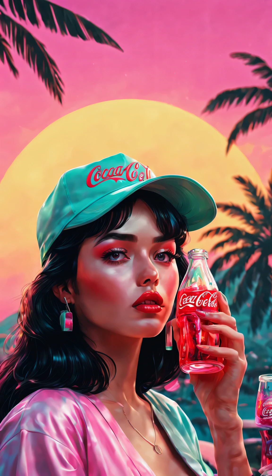 (best quality, high resolution, Super detailed, actual:1.37), Vaporwave aesthetic style Coca-Cola advertisement, 1 girl, Beautiful and delicate eyes,Beautiful and delicate lips,long black hair, wearing a straw hat,80s nostalgia, neon lights, Retro color, Retro CRT effect, Fault art, dreamy atmosphere, Palm tree, Sunset, Summer vibe, 3D rendering graphics, smooth surface, shiny metallic elements, Cyberpunk elements, pixel art, digital nostalgia, Cassette tape, VHS tape, lo-fi music, statuesque model, glass bottle, sparkling soda, Refreshing drink, tropical paradise, futuristic font, aesthetic vision.