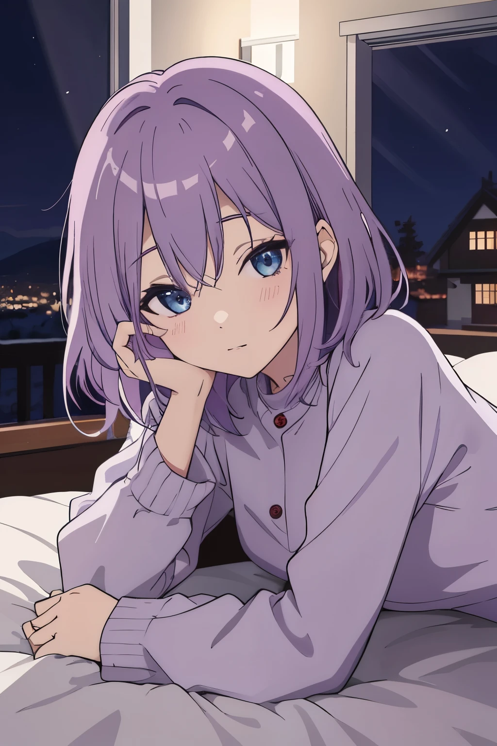Scene View,null,anime style,on the bed, house light ,night,, headrest, intense angle, Curtsey,Light purple hair、Web Hair、medium hair、blue eyes、winter scenery