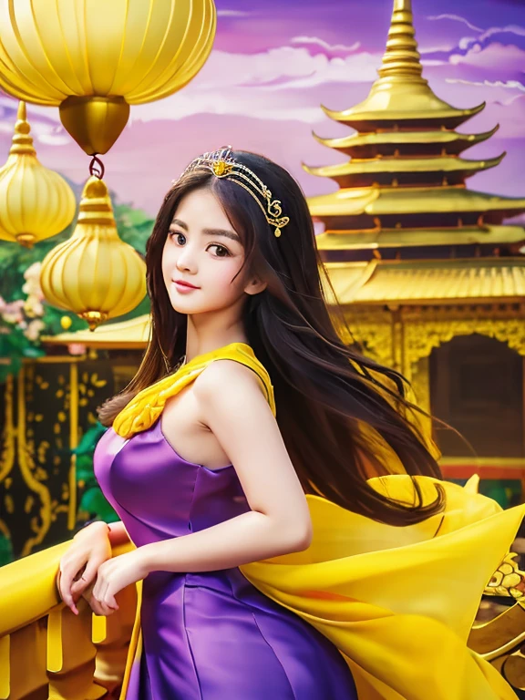 masterpiece, best quality, girl, solo, ((mature female)),, long hair, hair, princess,(upper yellow lower purple) silk dress black dress(dress) (golden dress) fantasy, happy, looking at viewer, cartoon, anime, (oil painting)Burmese girl, 18 years old, Bagan pagoda view background, clear Hd 8k