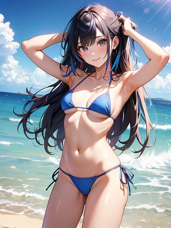 (masterpiece, high quality, high resolution, absurd, super detailed, High saturation、8k),real:1.5,solo,(micro bikini:1.5),sexy girl,neat and clean、sexy、beautiful eyes、volumey,straight hair,(colorful hair:1.5),standing、 ,(beach),