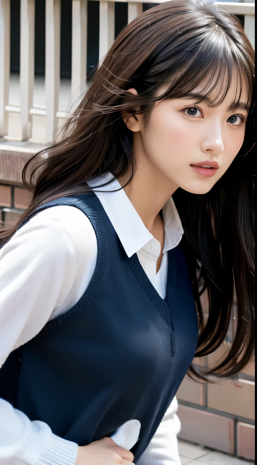 photorealistic, high resolution, soft light,1women, solo, hips up, (detailed face), jewelry, Mori Ran,(black hair, long hair, wavy hair), school uniform