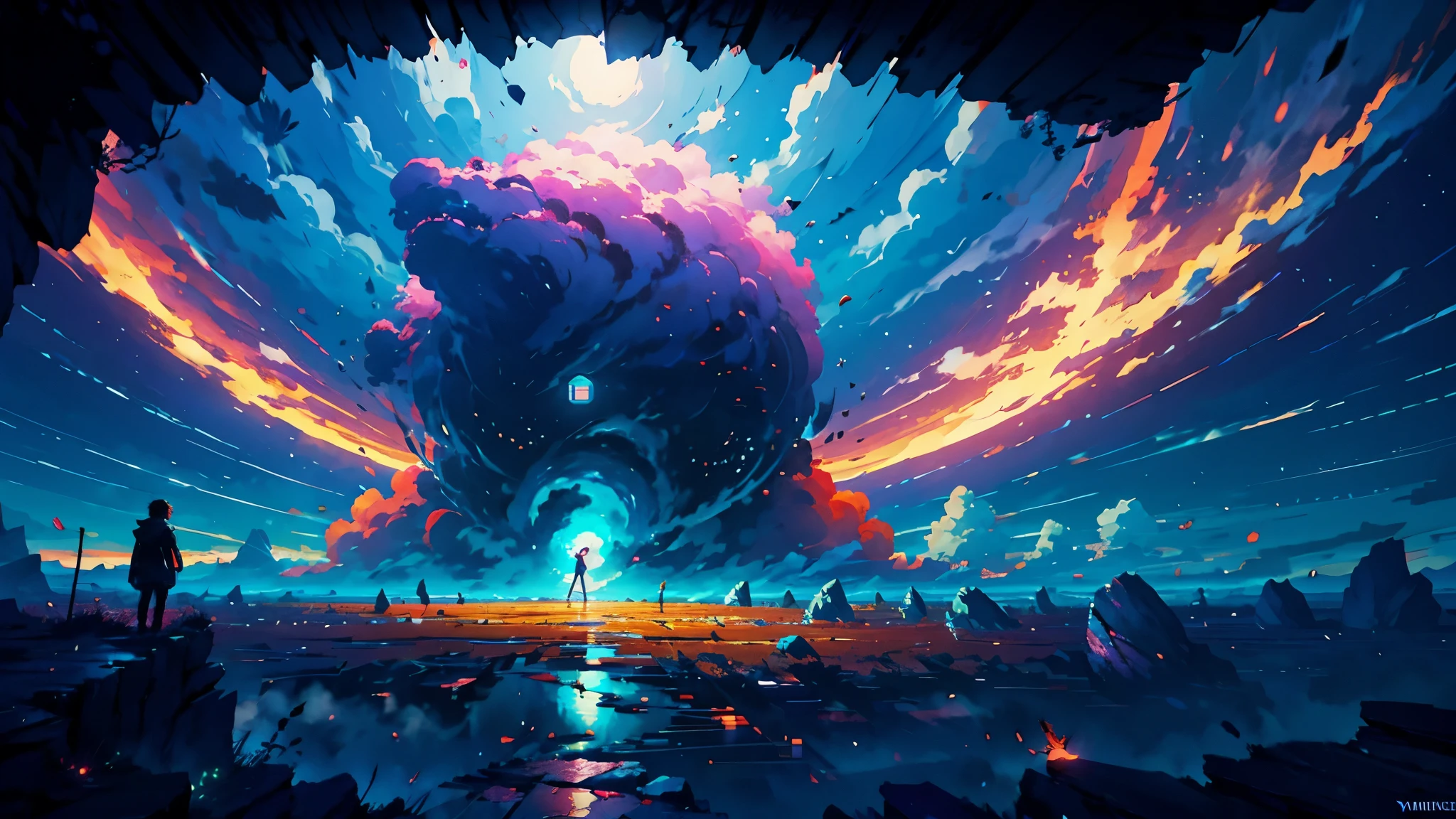 Standing anime boy preparing to fight, looking at a sky full of stars, makoto shinkai cyril rolando, papel de parede de arte anime 4K, papel de parede de arte anime 4K, papel de parede de arte de anime 8K, cosmic skies. Por Makoto Shinkai, inspirado em Cirilo Rolando, Nenhuma arte estilo Dan Mumford, amazing wallpaper, por Yuumei