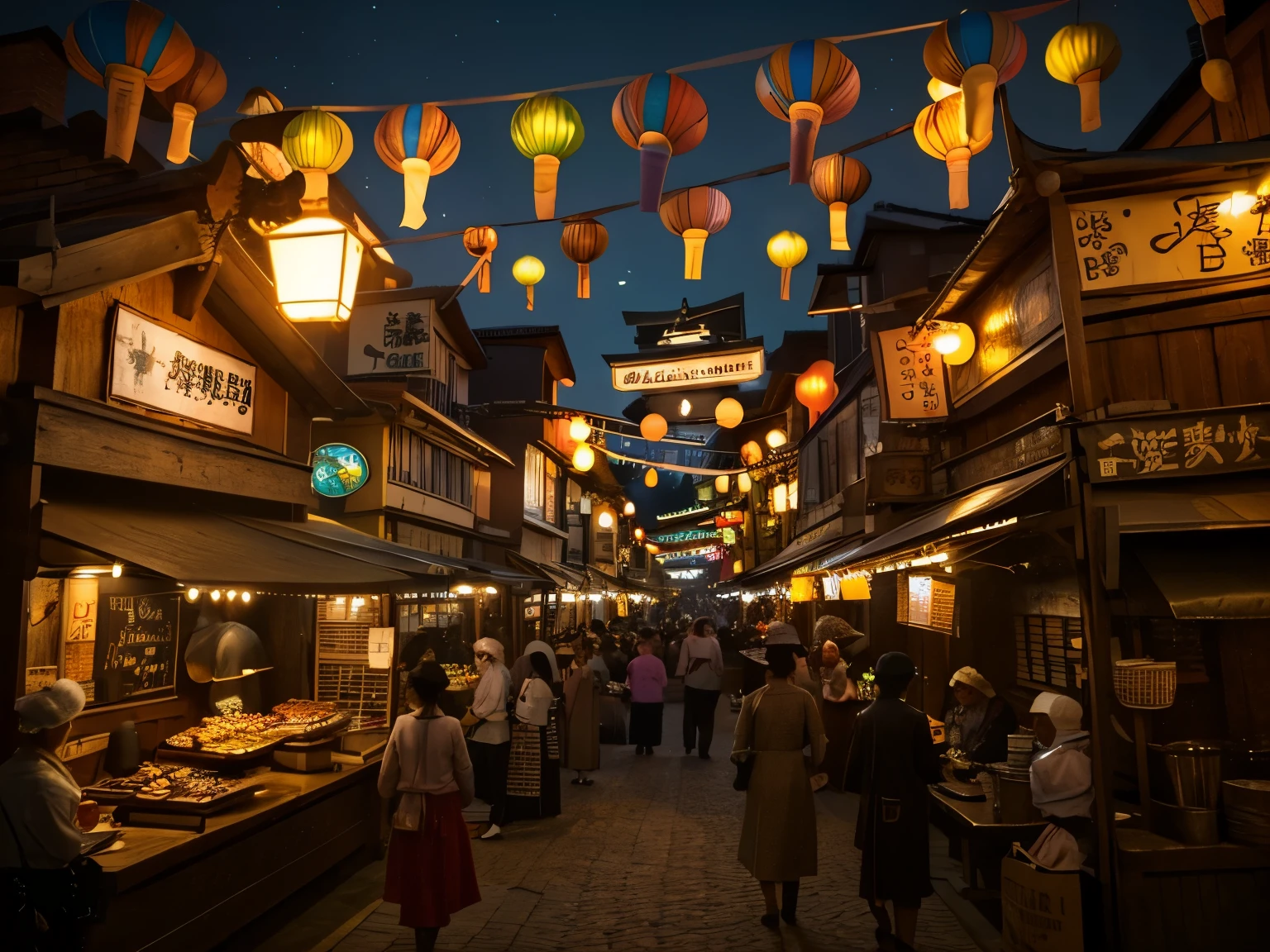 photo of realistic,wide shot, full shot, realistic, top quality, ultra high resolution, depth, Highly detailed, 4K, steampunk Japanese festival scenery, bustle, lots of food stalls, colorful steampunk stalls, people in steampunk kimonos, colorful lanterns, light bulbs, steam rising from everywhere, Japanese filigree,night