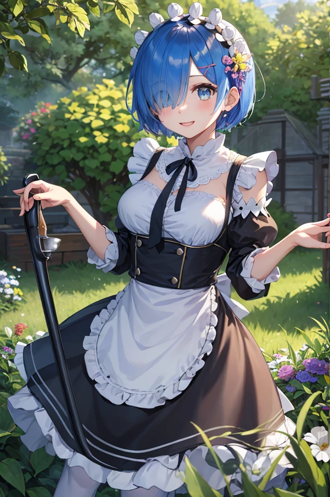 masterpiece, 最好of质量, Super detailed, illustration, 史诗般of灯光, composition, 丰富多彩of, 锋利of:1.3, 1 girl, aboutm_\(about:zero\), medium baboutasts, blue hair, short hair, (hair over one eye:1.3), Eye_可见of_pass_hair, blue Eye, Rosswar_building_maid_, apron, white stockings, garters, permanent, Upper body, outdoor, building, summer, garden, flowers, taboutes, Grass, bush, Sunlight, (extaboutmely detailed CG:1.2), (8k:1.1),rem,medium breasts,绿色of: 1.5, orange: 1.1, 白色of: 1.3, of: 1.3, , post apocalyptic world, tattoo, (lupas pufferfish: 1.2), Giant machines, misterburn, Wire, part