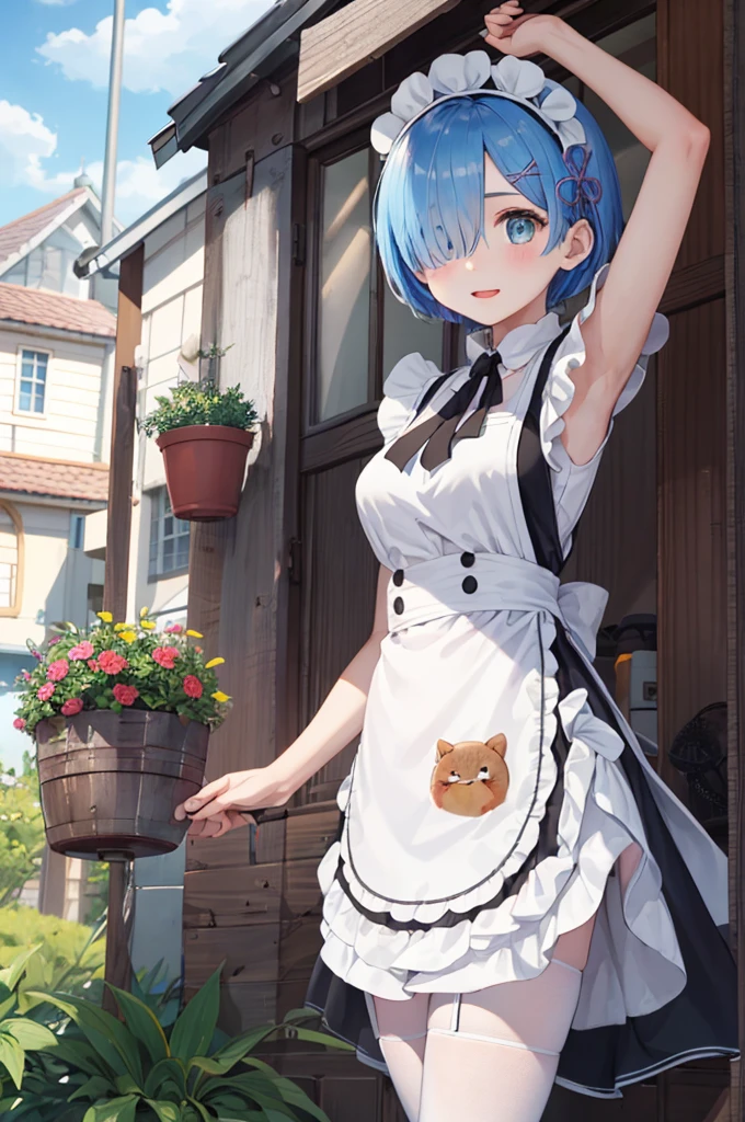 masterpiece, 最好of质量, Super detailed, illustration, 史诗般of灯光, composition, 丰富多彩of, 锋利of:1.3, 1 girl, aboutm_\(about:zero\), medium baboutasts, blue hair, short hair, (hair over one eye:1.3), Eye_可见of_pass_hair, blue Eye, Rosswar_building_maid_, apron, white stockings, garters, permanent, Upper body, outdoor, building, summer, garden, flowers, taboutes, Grass, bush, Sunlight, (extaboutmely detailed CG:1.2), (8k:1.1),rem,medium breasts,绿色of: 1.5, orange: 1.1, 白色of: 1.3, of: 1.3, , post apocalyptic world, tattoo, (lupas pufferfish: 1.2), Giant machines, misterburn, Wire, part