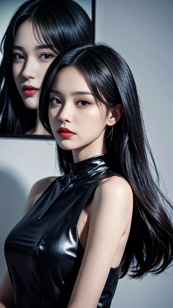Close-up of woman with black dress and red lips Artwork in the style of guweiz by Russell Dongjun Lu Realistic Cheng Yi by Yanjun Cheng Inspired by Yanjun Cheng Realistic art style Soft Portrait Display 8k Portrait Display 8k Realistic Anime Girl Portrait Display Beautiful and realistic face