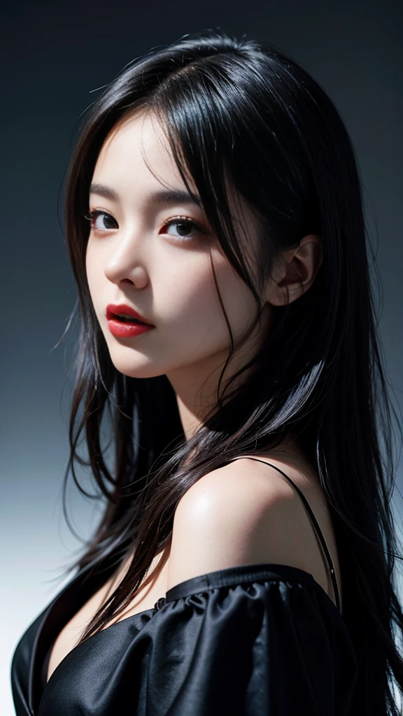 Close-up of woman with black dress and red lips Artwork in the style of guweiz by Russell Dongjun Lu Realistic Cheng Yi by Yanjun Cheng Inspired by Yanjun Cheng Realistic art style Soft Portrait Display 8k Portrait Display 8k Realistic Anime Girl Portrait Display Beautiful and realistic face