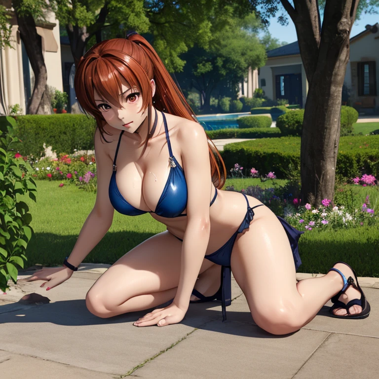 Kasumi, Dead or alive, kicking, big , thick thighs, outside, covered in sweat, wearing thong, beautiful eyes, long hair, brown hair